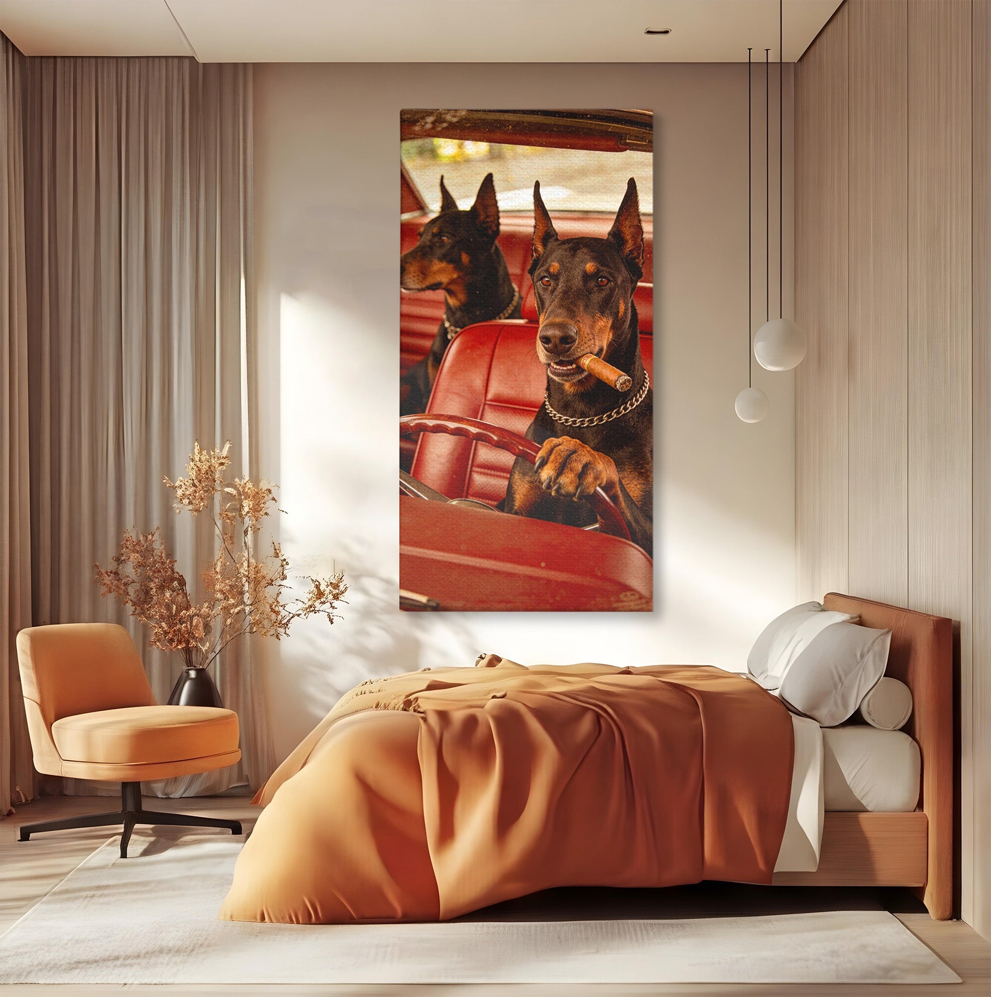 Tablou Canvas Premium LuxCanva® PI1307, Dobermani In Masina, Caini, Automobil, Trabuc, Stil Retro, Living, Culori Vibrante