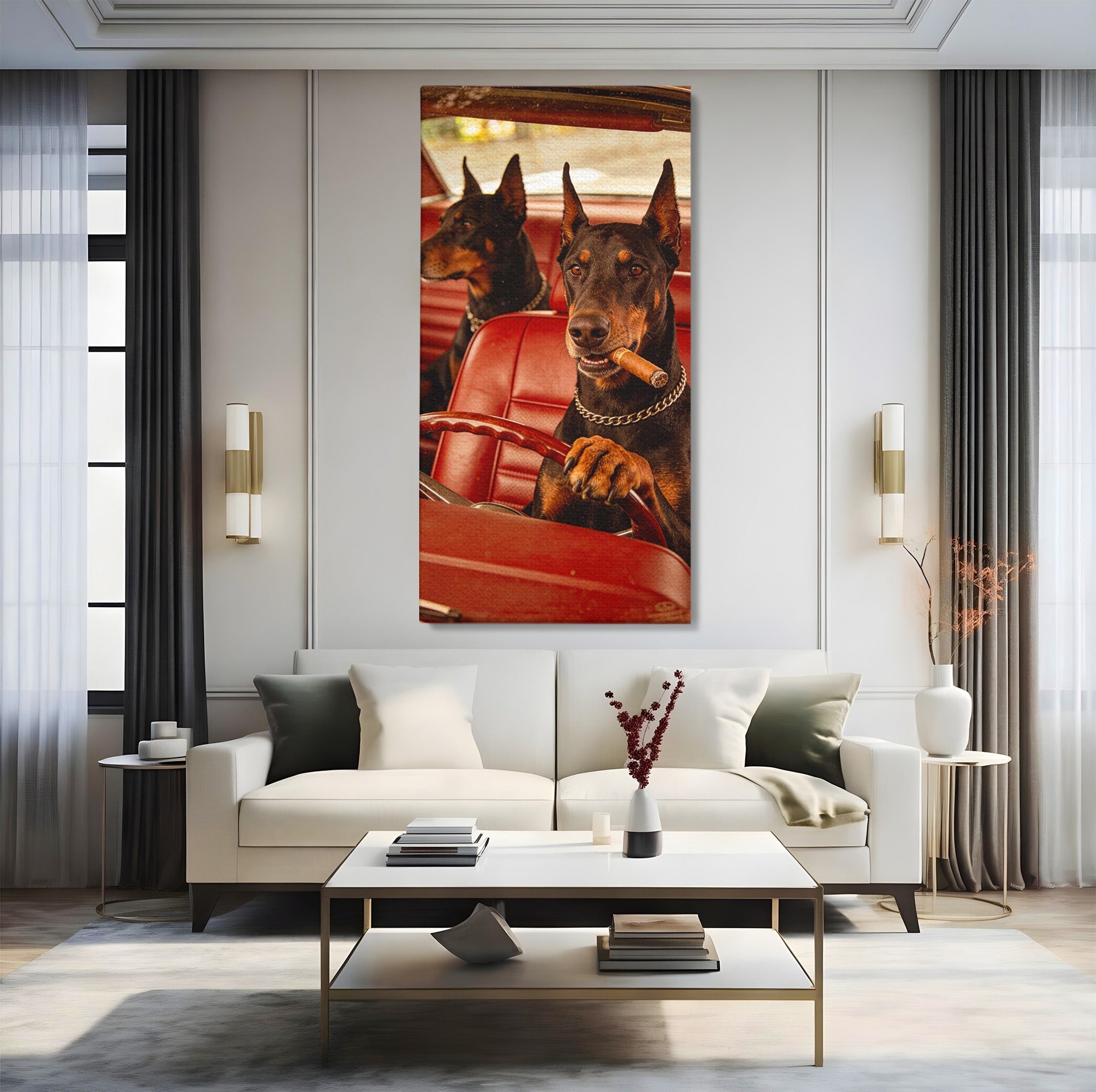 Tablou Canvas Premium LuxCanva® PI1307, Dobermani In Masina, Caini, Automobil, Trabuc, Stil Retro, Living, Culori Vibrante