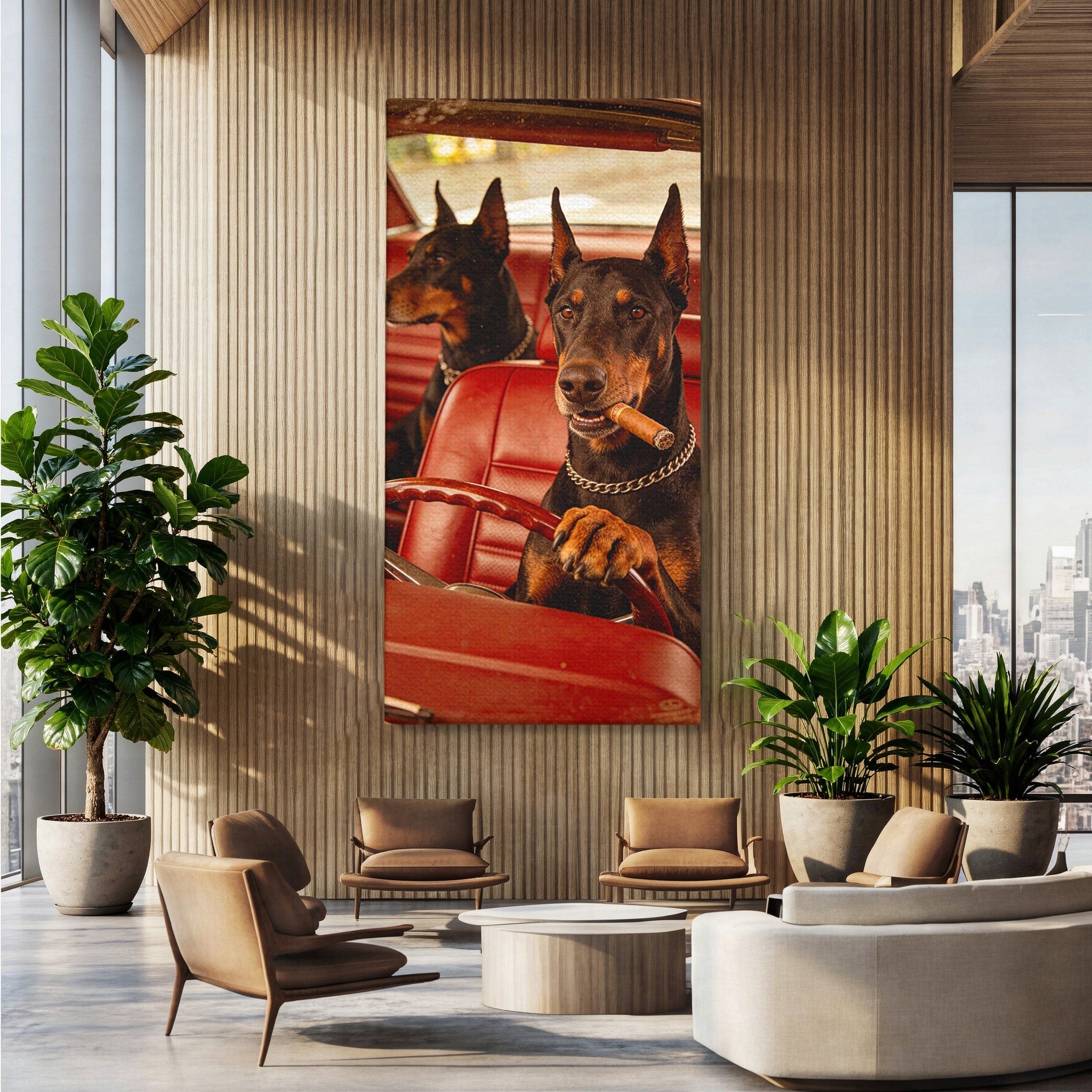 Tablou Canvas Premium LuxCanva® PI1307, Dobermani In Masina, Caini, Automobil, Trabuc, Stil Retro, Living, Culori Vibrante