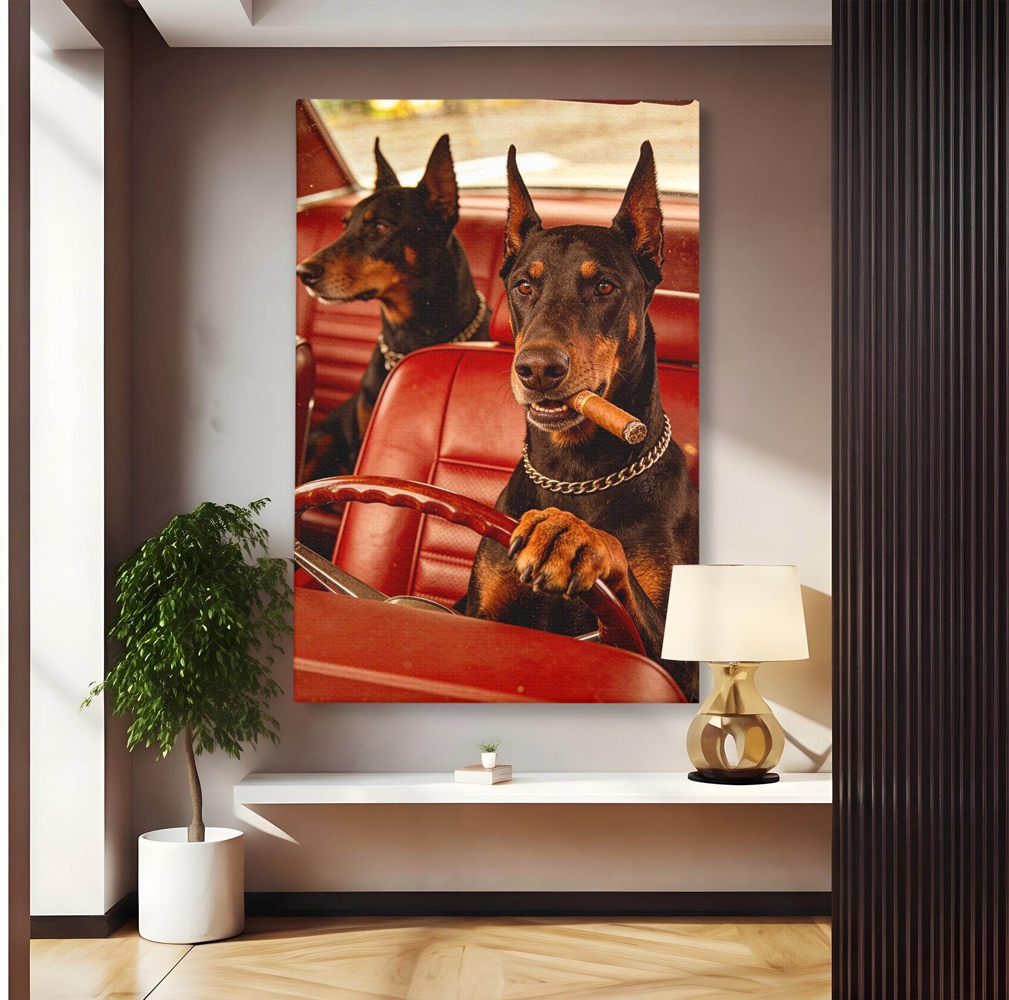 Tablou Canvas Premium LuxCanva® PI1307, Dobermani In Masina, Caini, Automobil, Trabuc, Stil Retro, Living, Culori Vibrante