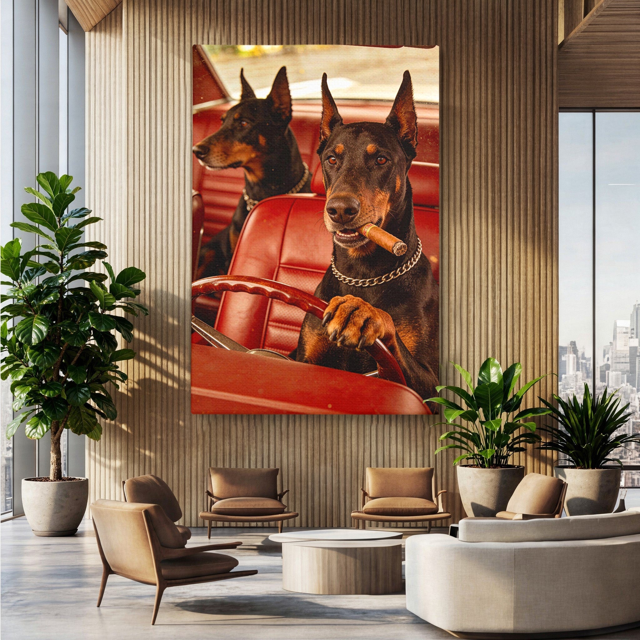 Tablou Canvas Premium LuxCanva® PI1307, Dobermani In Masina, Caini, Automobil, Trabuc, Stil Retro, Living, Culori Vibrante