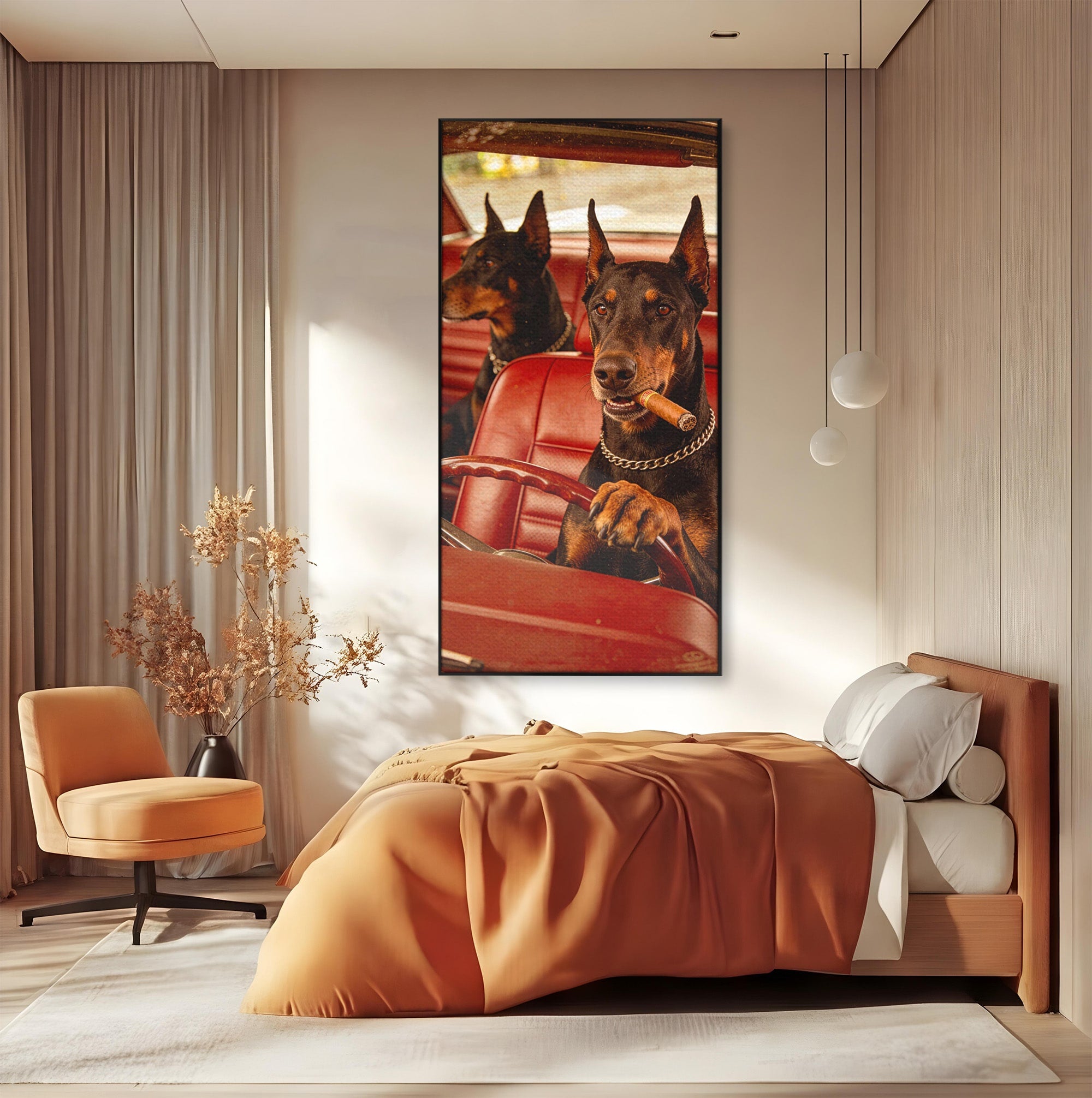Tablou Canvas Premium LuxCanva® PI1307, Dobermani In Masina, Caini, Automobil, Trabuc, Stil Retro, Living, Culori Vibrante