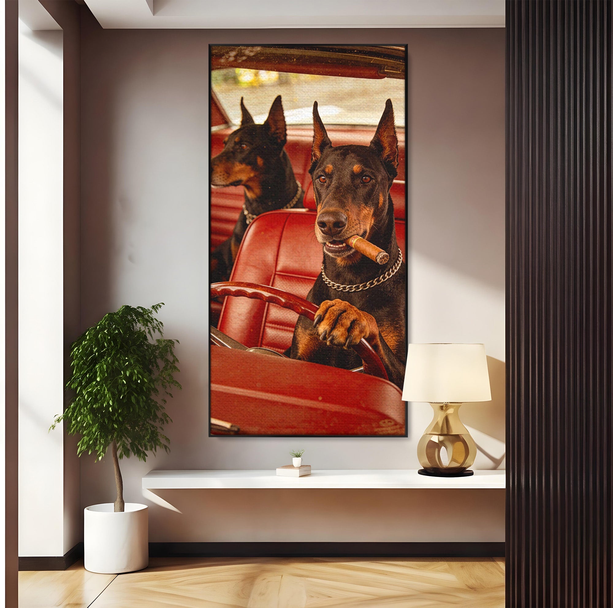 Tablou Canvas Premium LuxCanva® PI1307, Dobermani In Masina, Caini, Automobil, Trabuc, Stil Retro, Living, Culori Vibrante