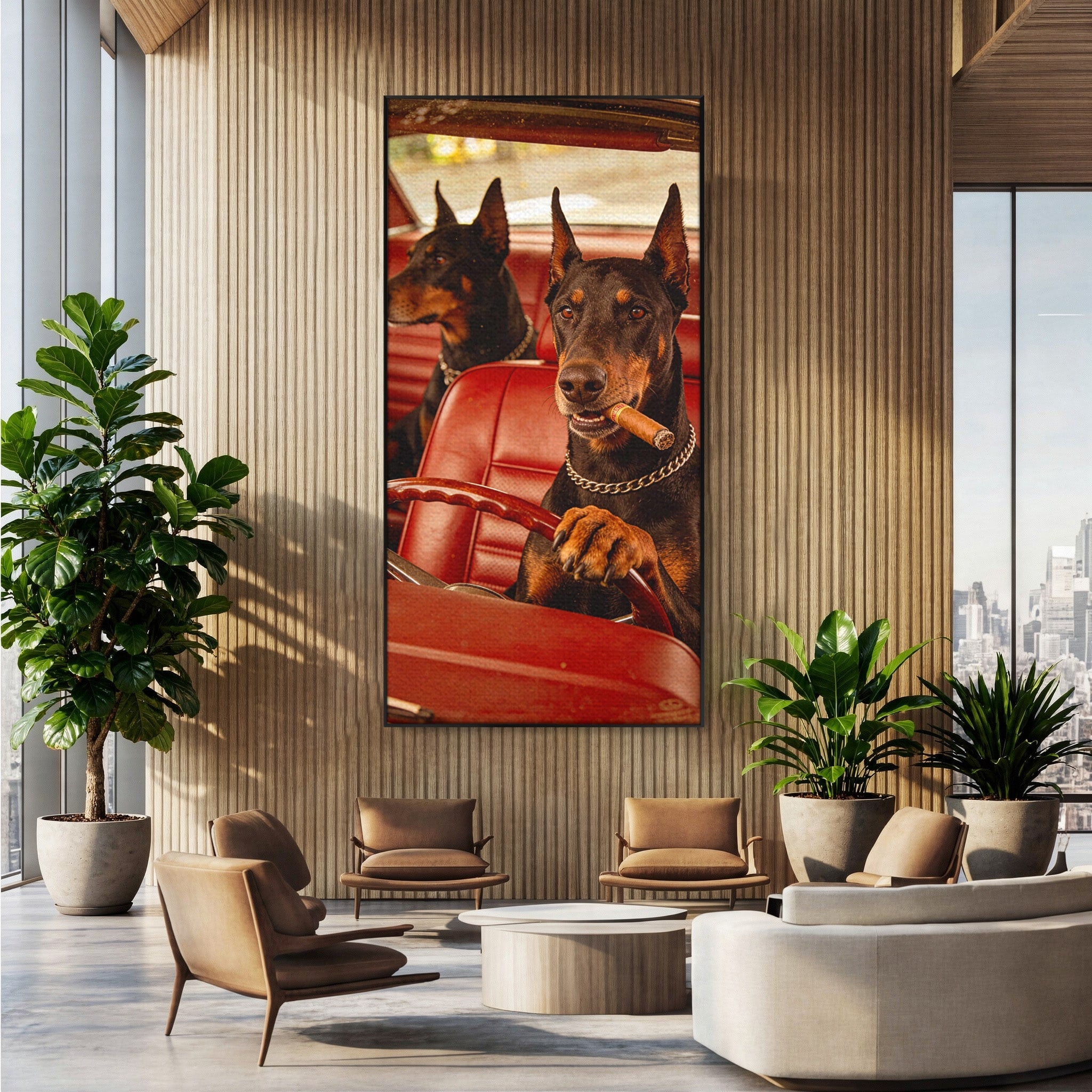 Tablou Canvas Premium LuxCanva® PI1307, Dobermani In Masina, Caini, Automobil, Trabuc, Stil Retro, Living, Culori Vibrante