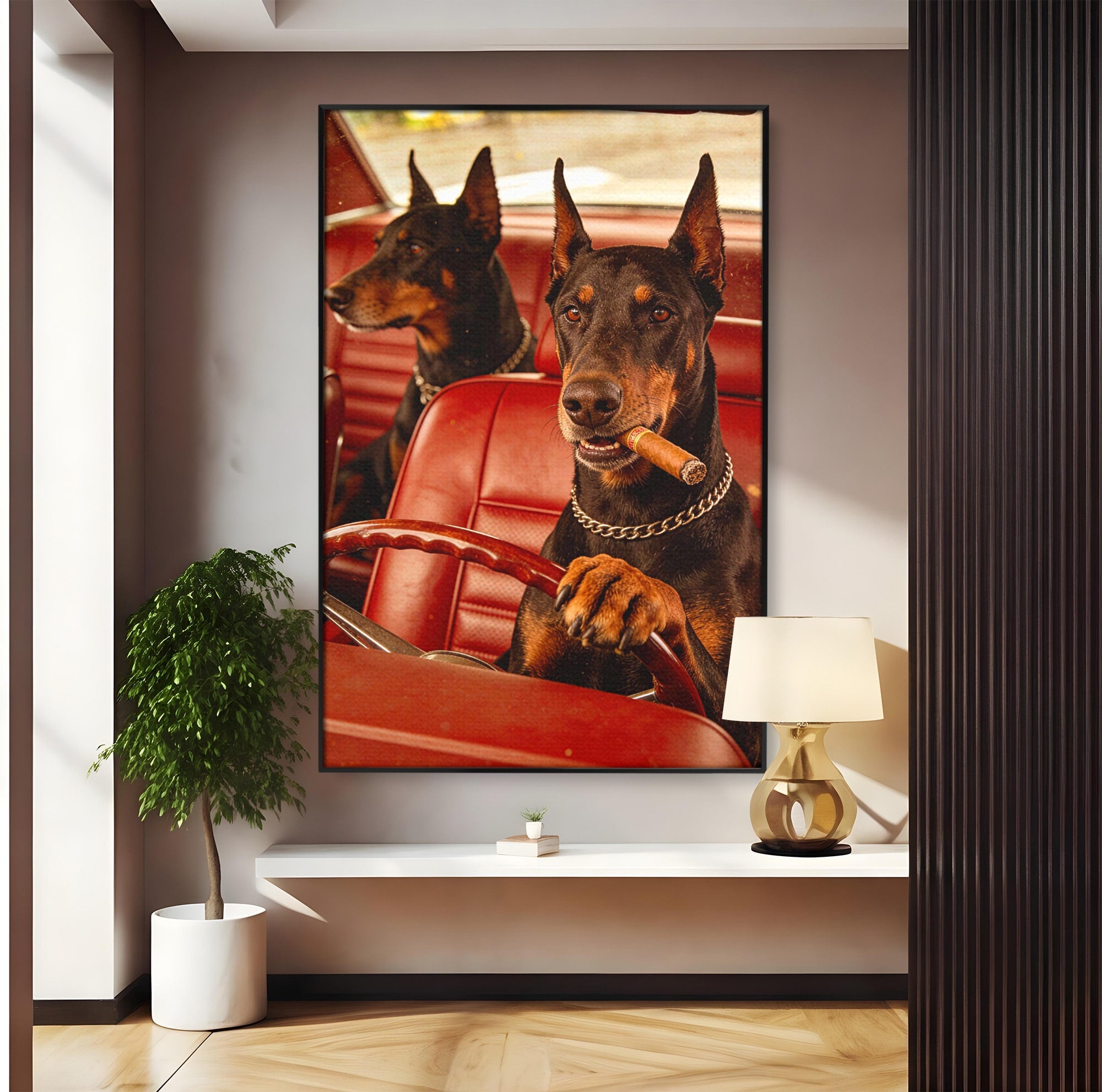 Tablou Canvas Premium LuxCanva® PI1307, Dobermani In Masina, Caini, Automobil, Trabuc, Stil Retro, Living, Culori Vibrante