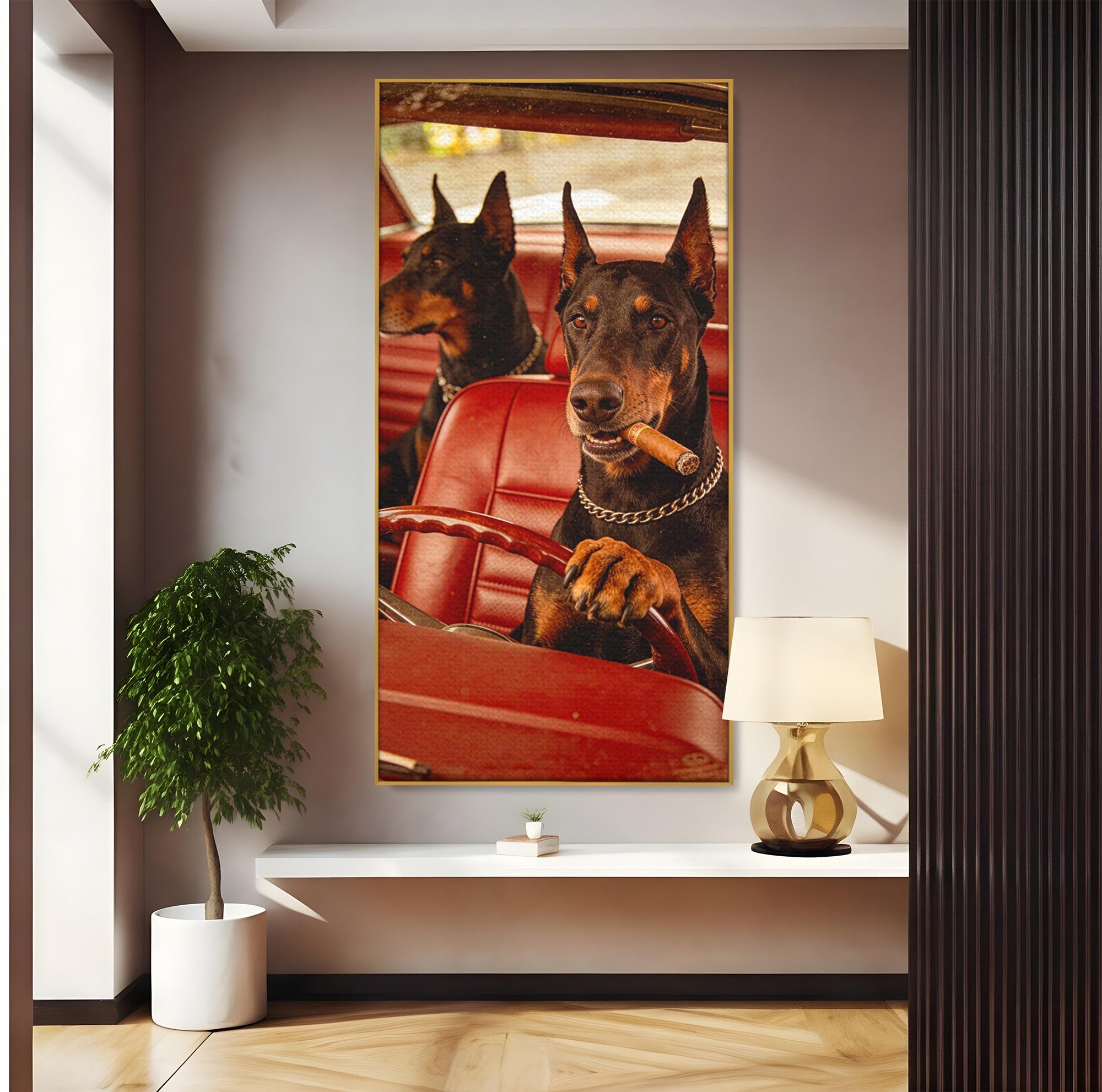 Tablou Canvas Premium LuxCanva® PI1307, Dobermani In Masina, Caini, Automobil, Trabuc, Stil Retro, Living, Culori Vibrante