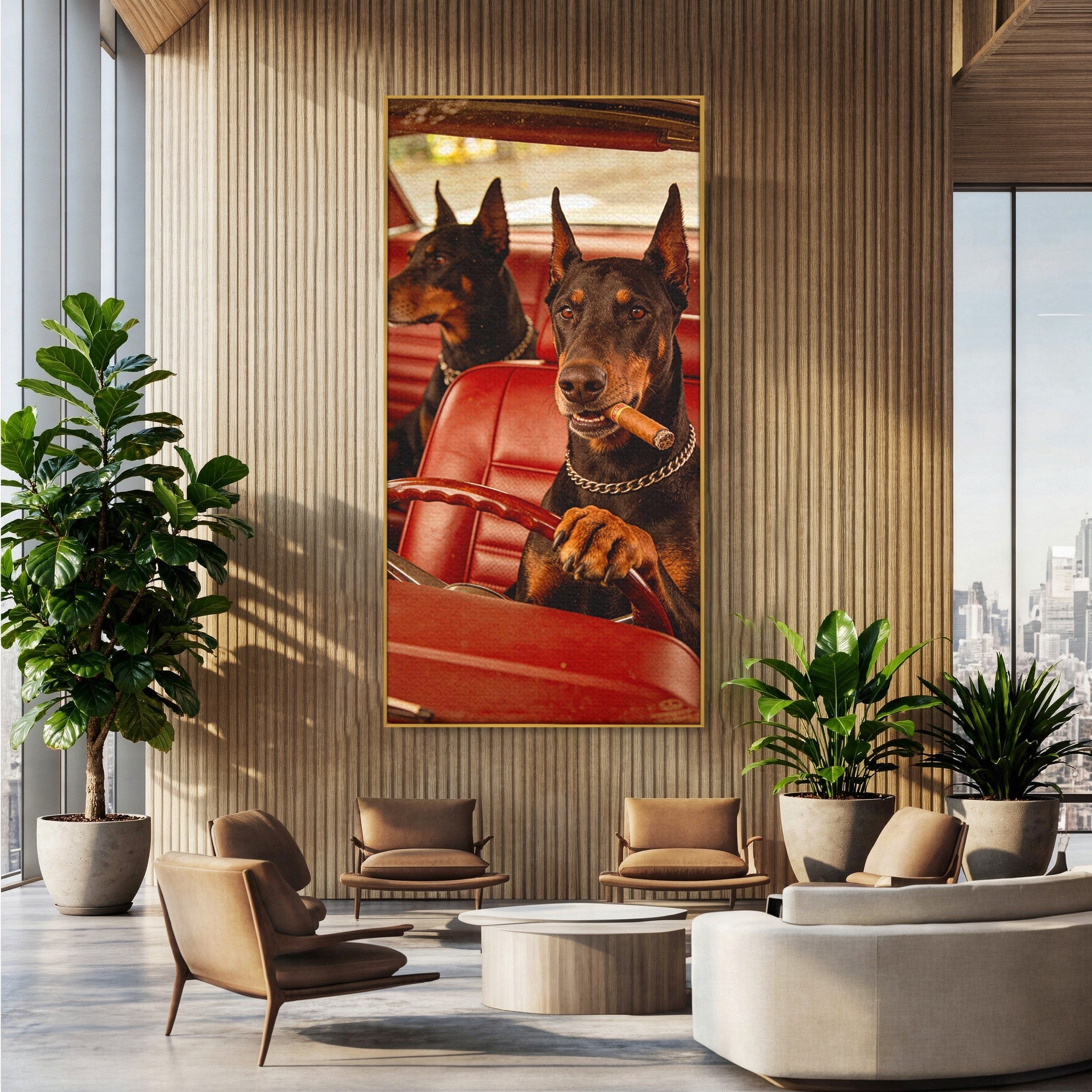 Tablou Canvas Premium LuxCanva® PI1307, Dobermani In Masina, Caini, Automobil, Trabuc, Stil Retro, Living, Culori Vibrante