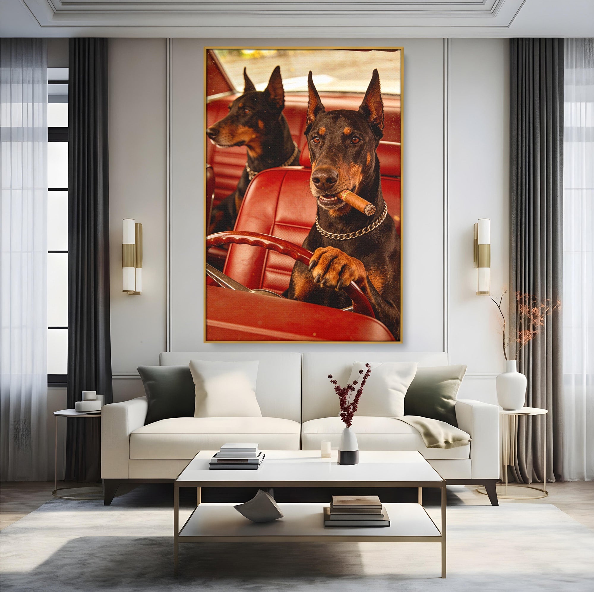 Tablou Canvas Premium LuxCanva® PI1307, Dobermani In Masina, Caini, Automobil, Trabuc, Stil Retro, Living, Culori Vibrante