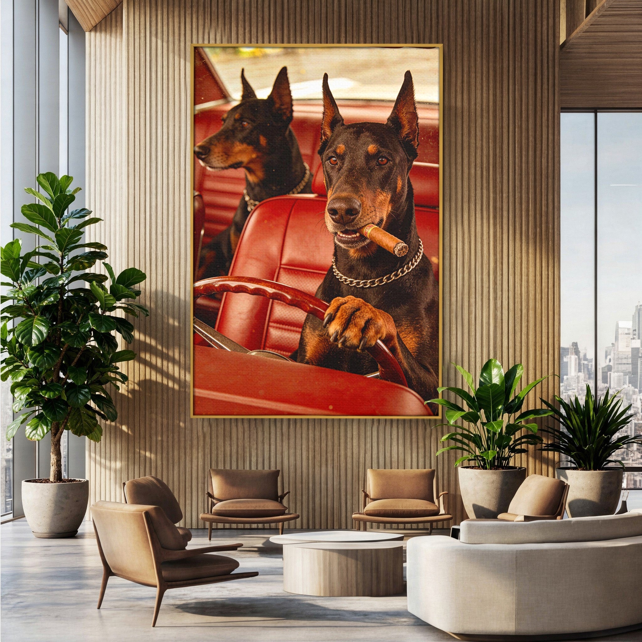 Tablou Canvas Premium LuxCanva® PI1307, Dobermani In Masina, Caini, Automobil, Trabuc, Stil Retro, Living, Culori Vibrante