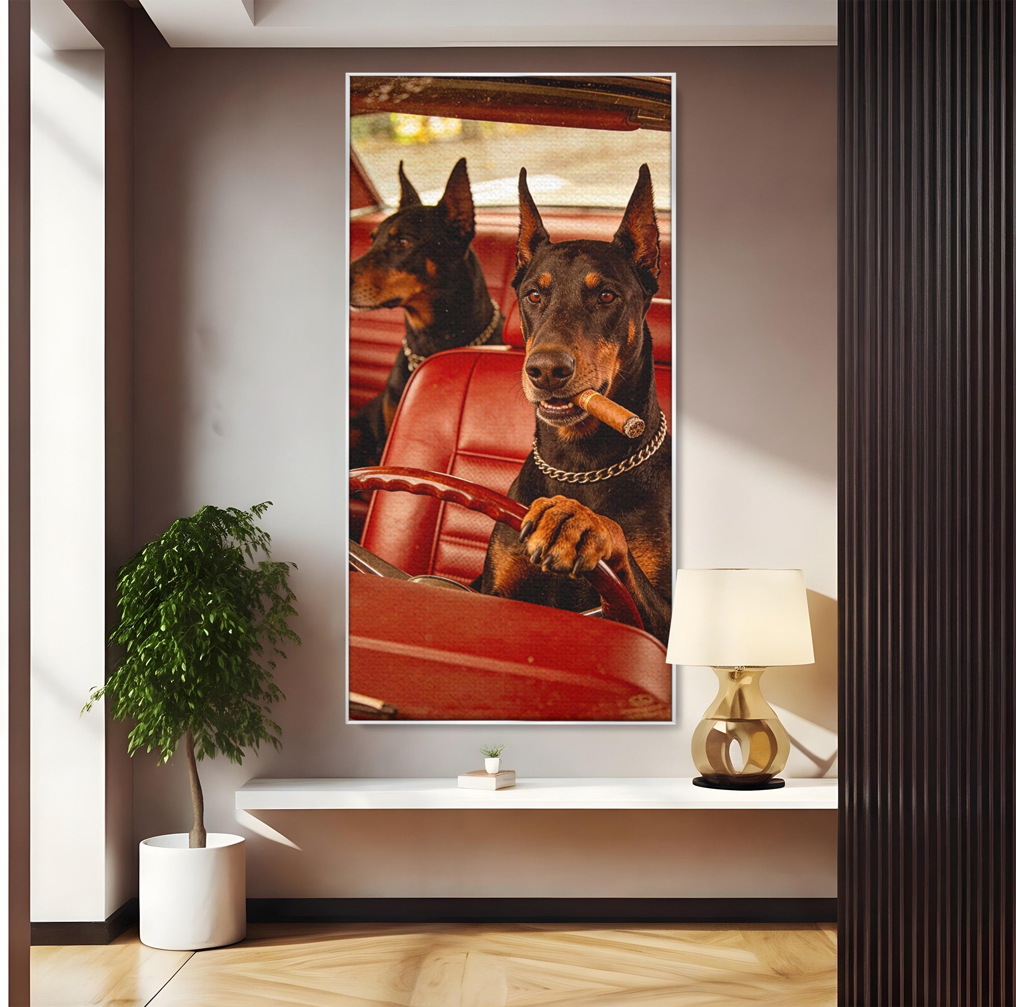 Tablou Canvas Premium LuxCanva® PI1307, Dobermani In Masina, Caini, Automobil, Trabuc, Stil Retro, Living, Culori Vibrante