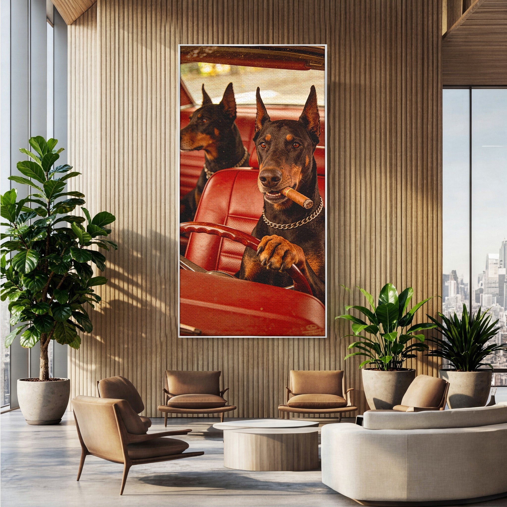 Tablou Canvas Premium LuxCanva® PI1307, Dobermani In Masina, Caini, Automobil, Trabuc, Stil Retro, Living, Culori Vibrante