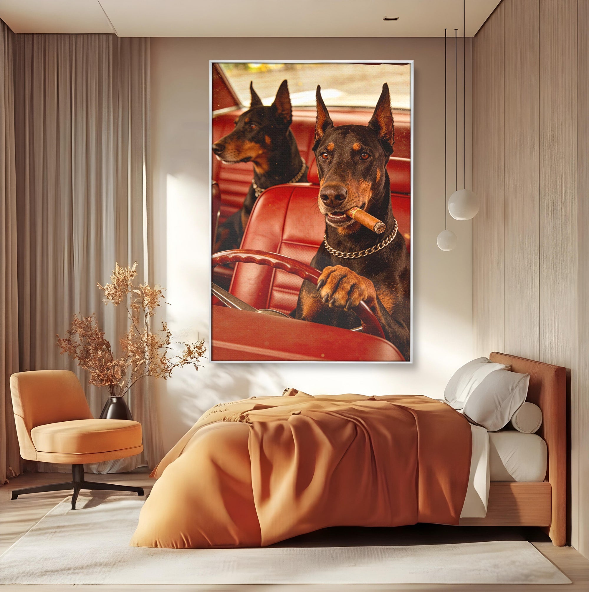 Tablou Canvas Premium LuxCanva® PI1307, Dobermani In Masina, Caini, Automobil, Trabuc, Stil Retro, Living, Culori Vibrante