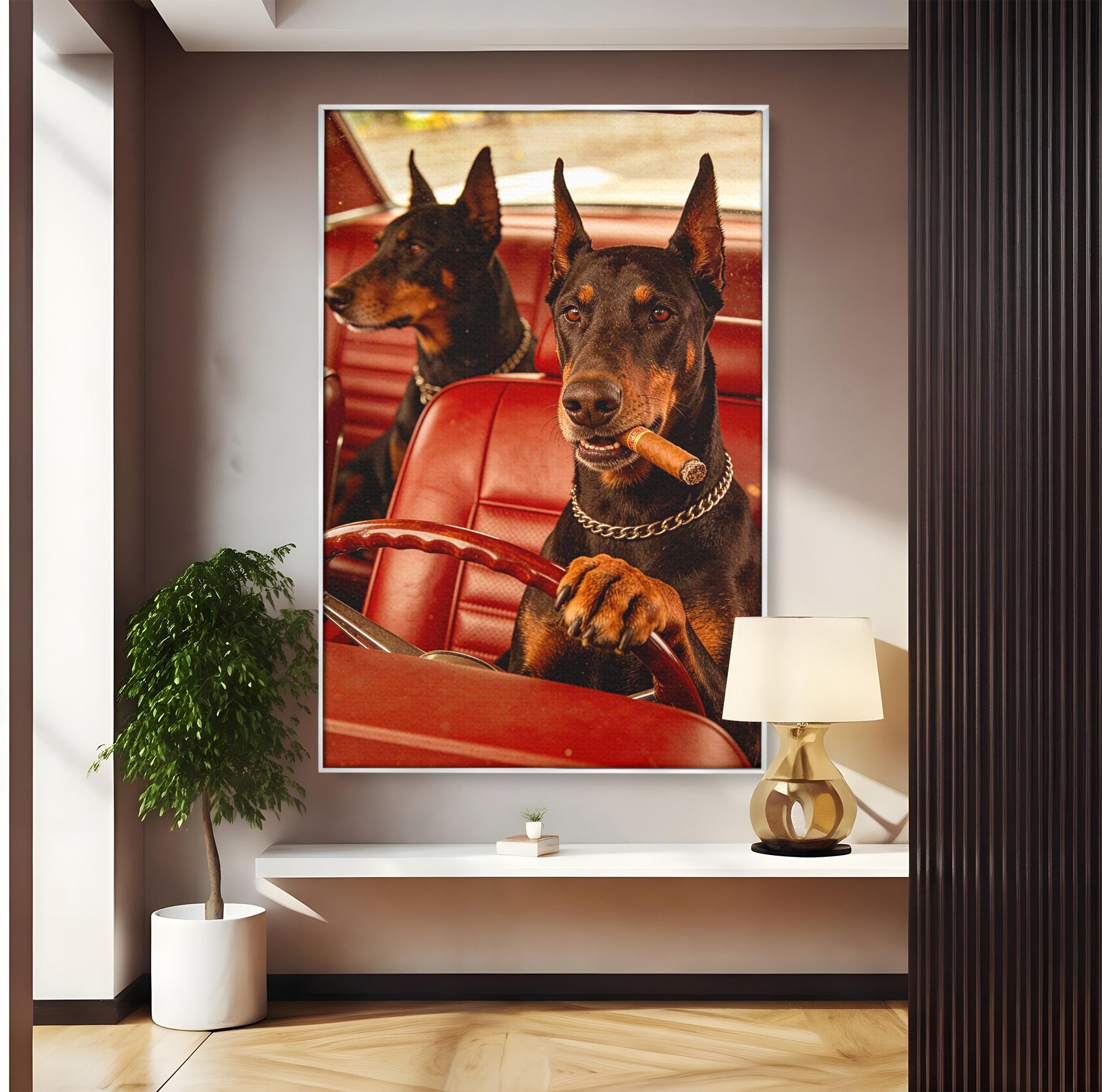 Tablou Canvas Premium LuxCanva® PI1307, Dobermani In Masina, Caini, Automobil, Trabuc, Stil Retro, Living, Culori Vibrante