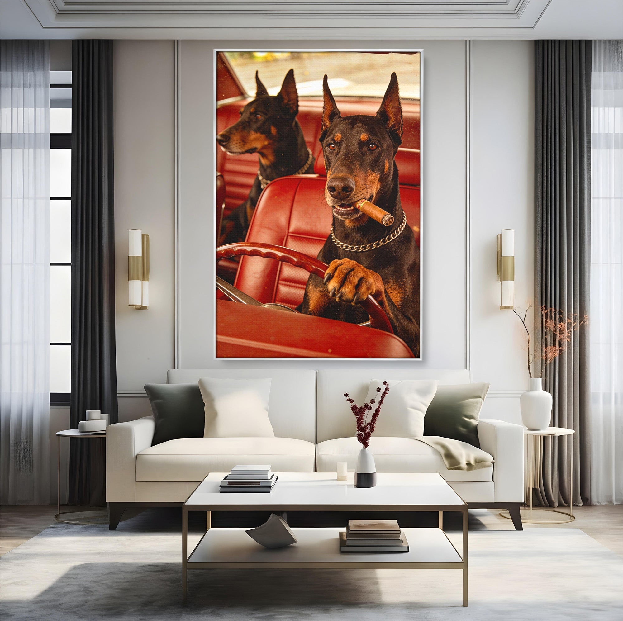 Tablou Canvas Premium LuxCanva® PI1307, Dobermani In Masina, Caini, Automobil, Trabuc, Stil Retro, Living, Culori Vibrante
