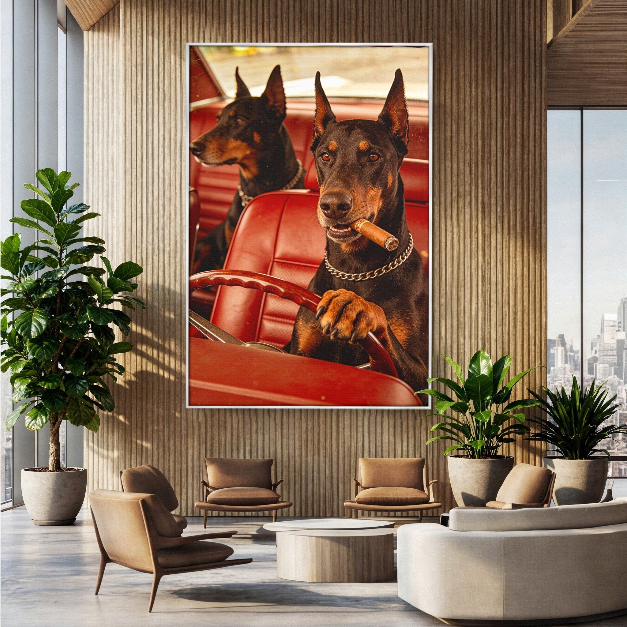 Tablou Canvas Premium LuxCanva® PI1307, Dobermani In Masina, Caini, Automobil, Trabuc, Stil Retro, Living, Culori Vibrante