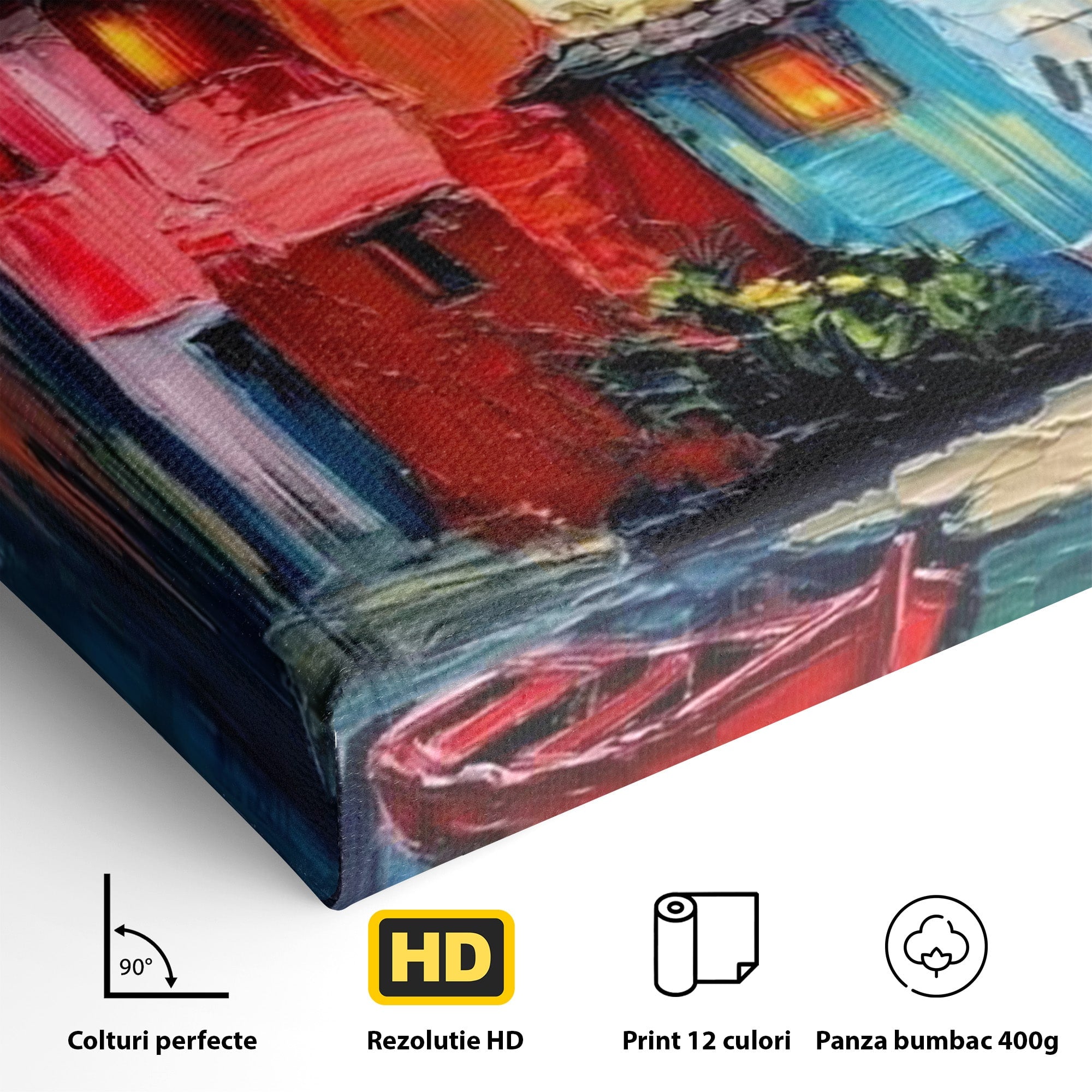 Tablou Canvas Premium LuxCanva® PI1311, Orasul Colorat, Peisaj, Urban, Apus, Barca, Culori Vibrante, Living