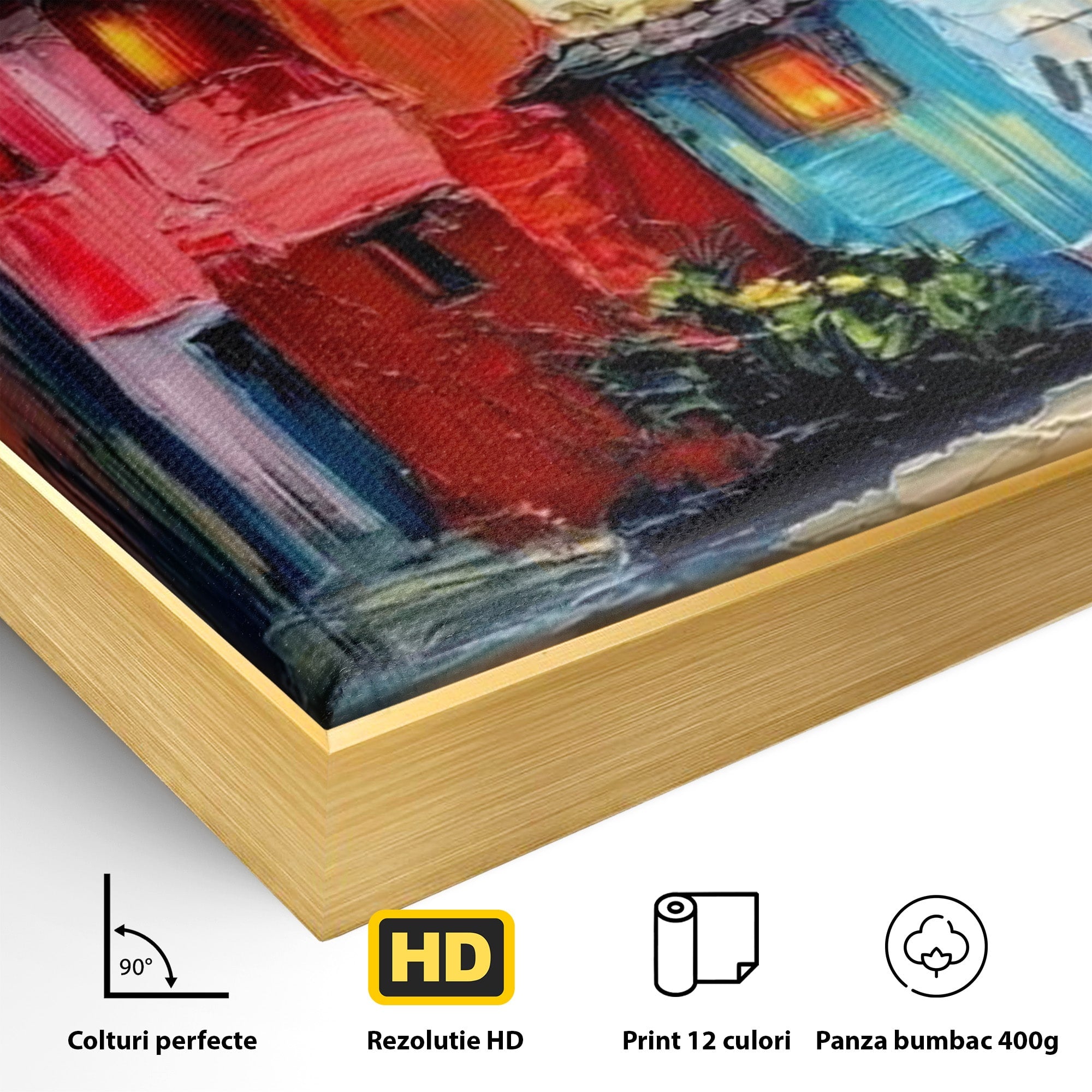 Tablou Canvas Premium LuxCanva® PI1311, Orasul Colorat, Peisaj, Urban, Apus, Barca, Culori Vibrante, Living