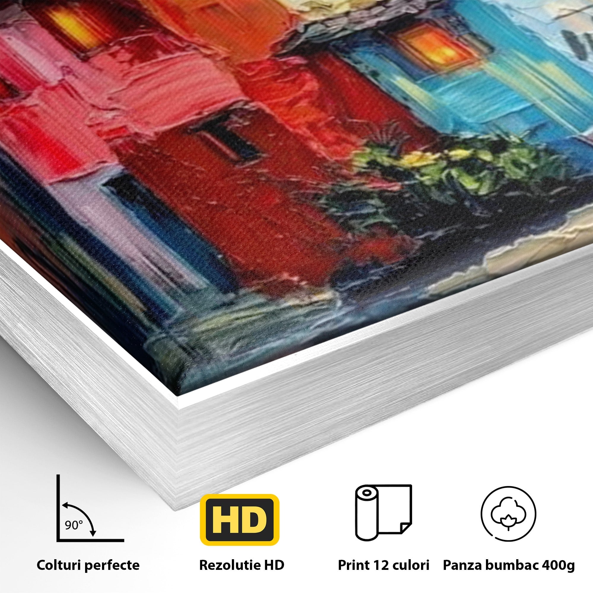Tablou Canvas Premium LuxCanva® PI1311, Orasul Colorat, Peisaj, Urban, Apus, Barca, Culori Vibrante, Living