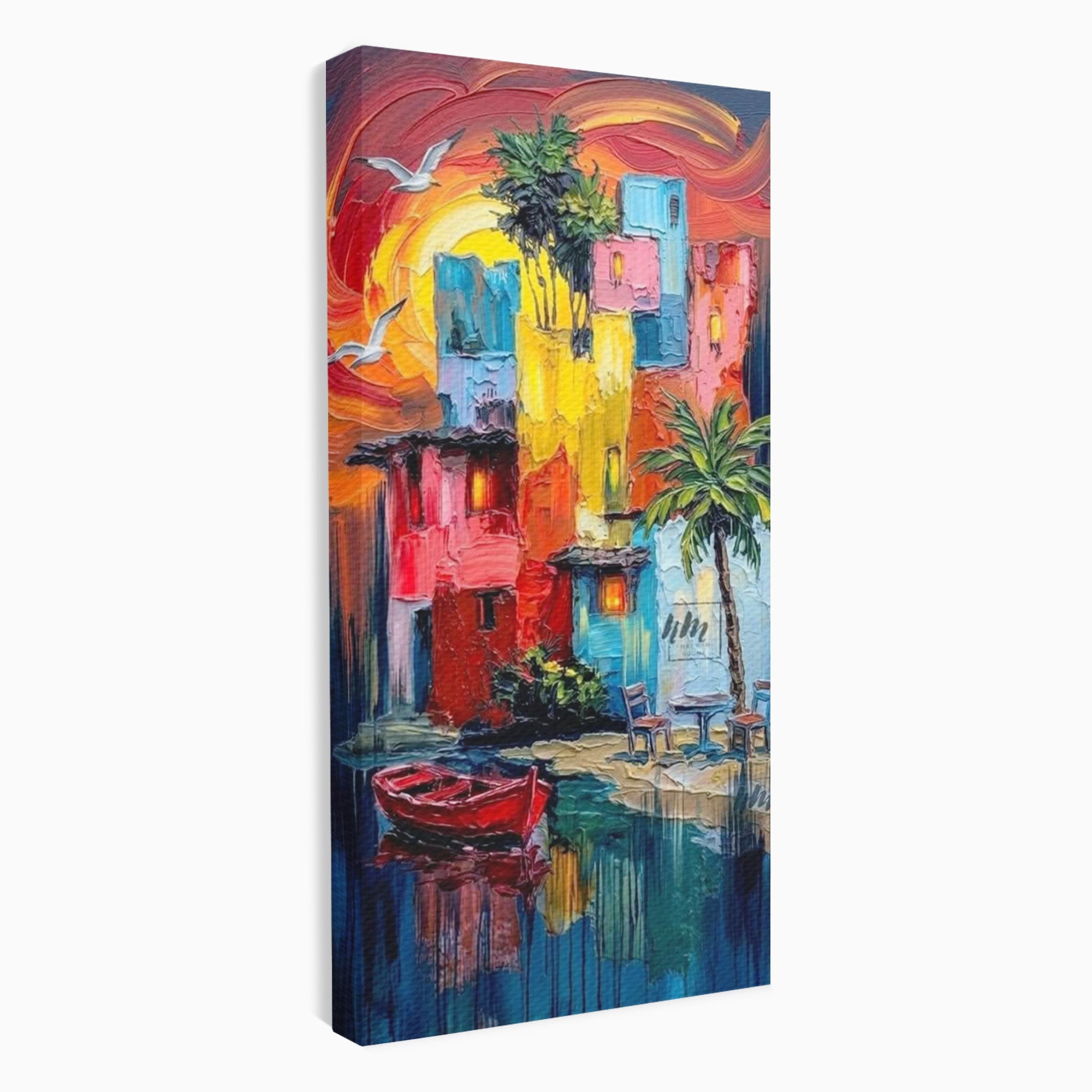 Tablou Canvas Premium LuxCanva® PI1311, Orasul Colorat, Peisaj, Urban, Apus, Barca, Culori Vibrante, Living