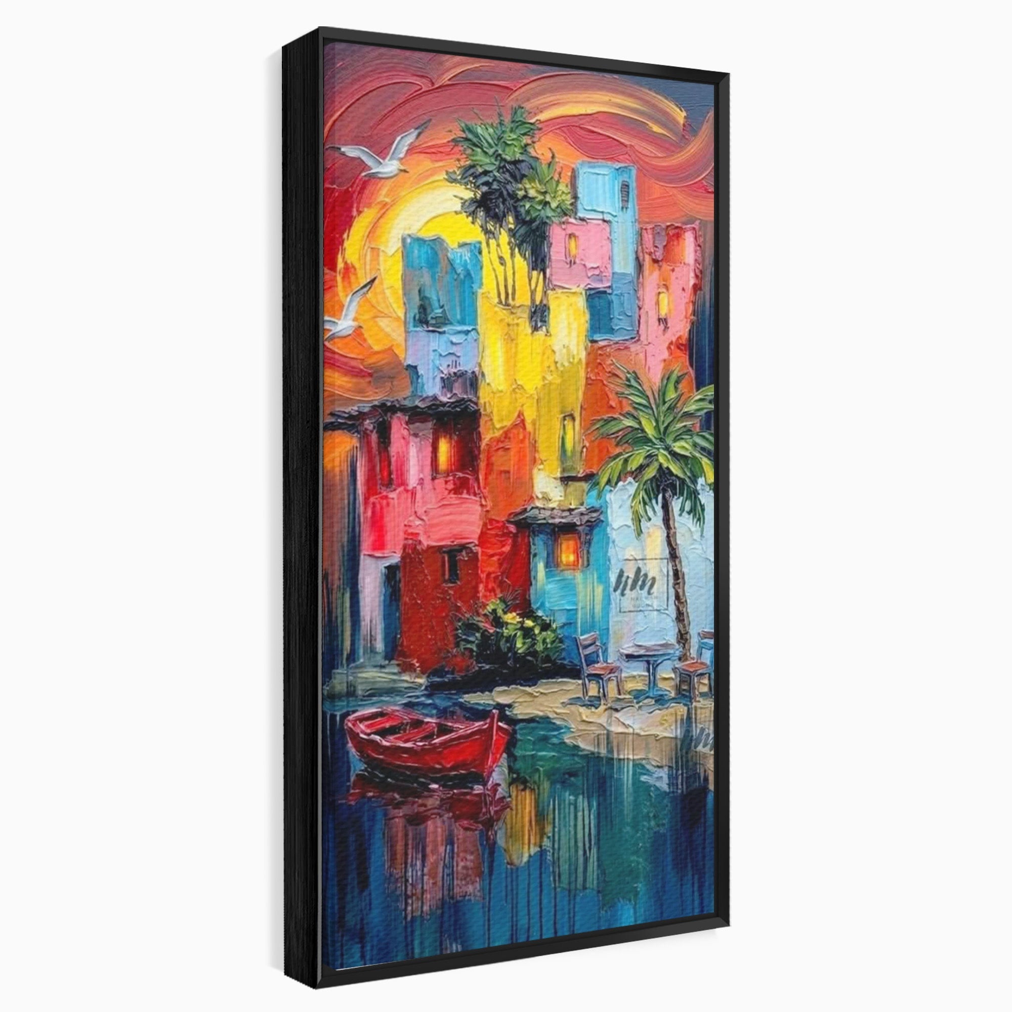 Tablou Canvas Premium LuxCanva® PI1311, Orasul Colorat, Peisaj, Urban, Apus, Barca, Culori Vibrante, Living