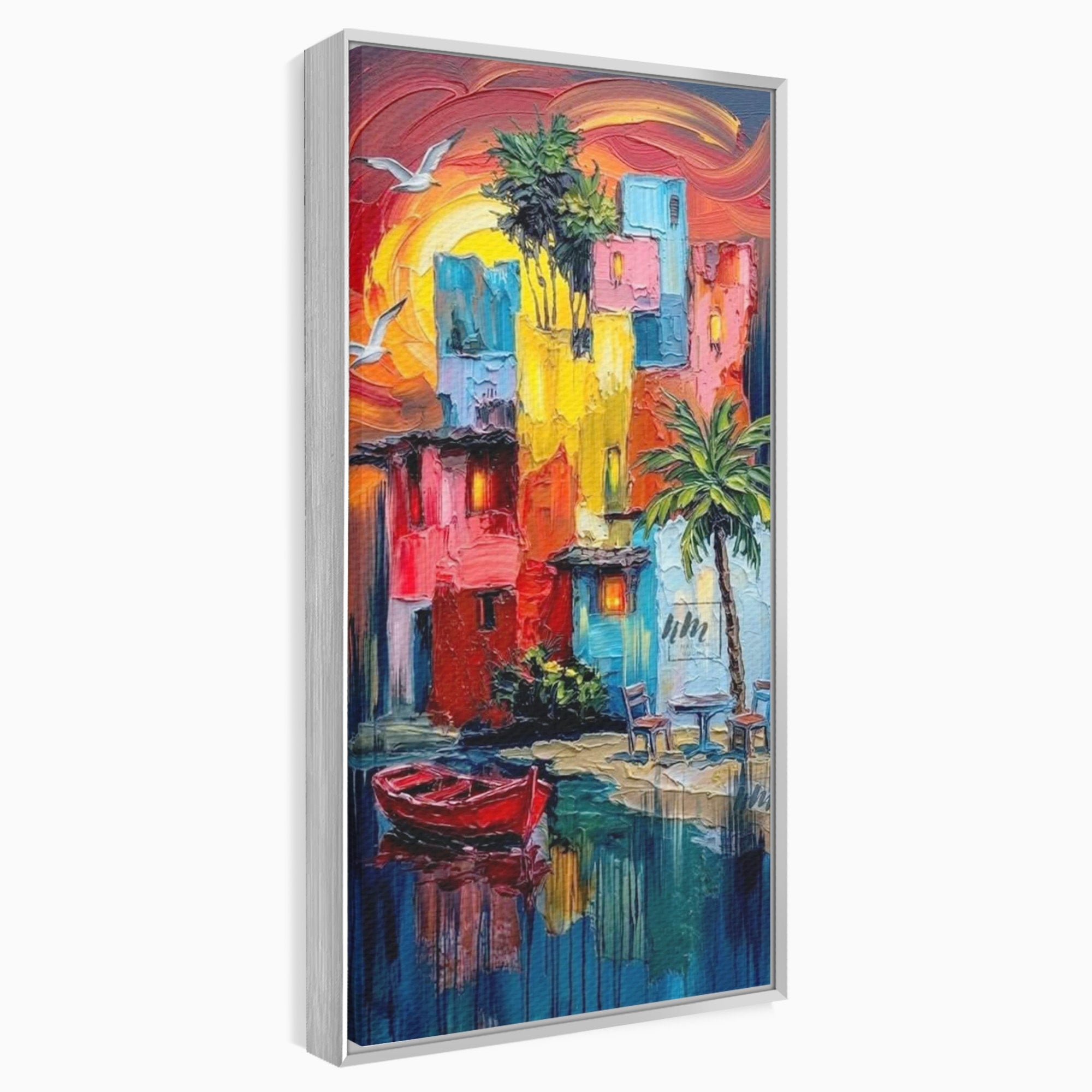 Tablou Canvas Premium LuxCanva® PI1311, Orasul Colorat, Peisaj, Urban, Apus, Barca, Culori Vibrante, Living