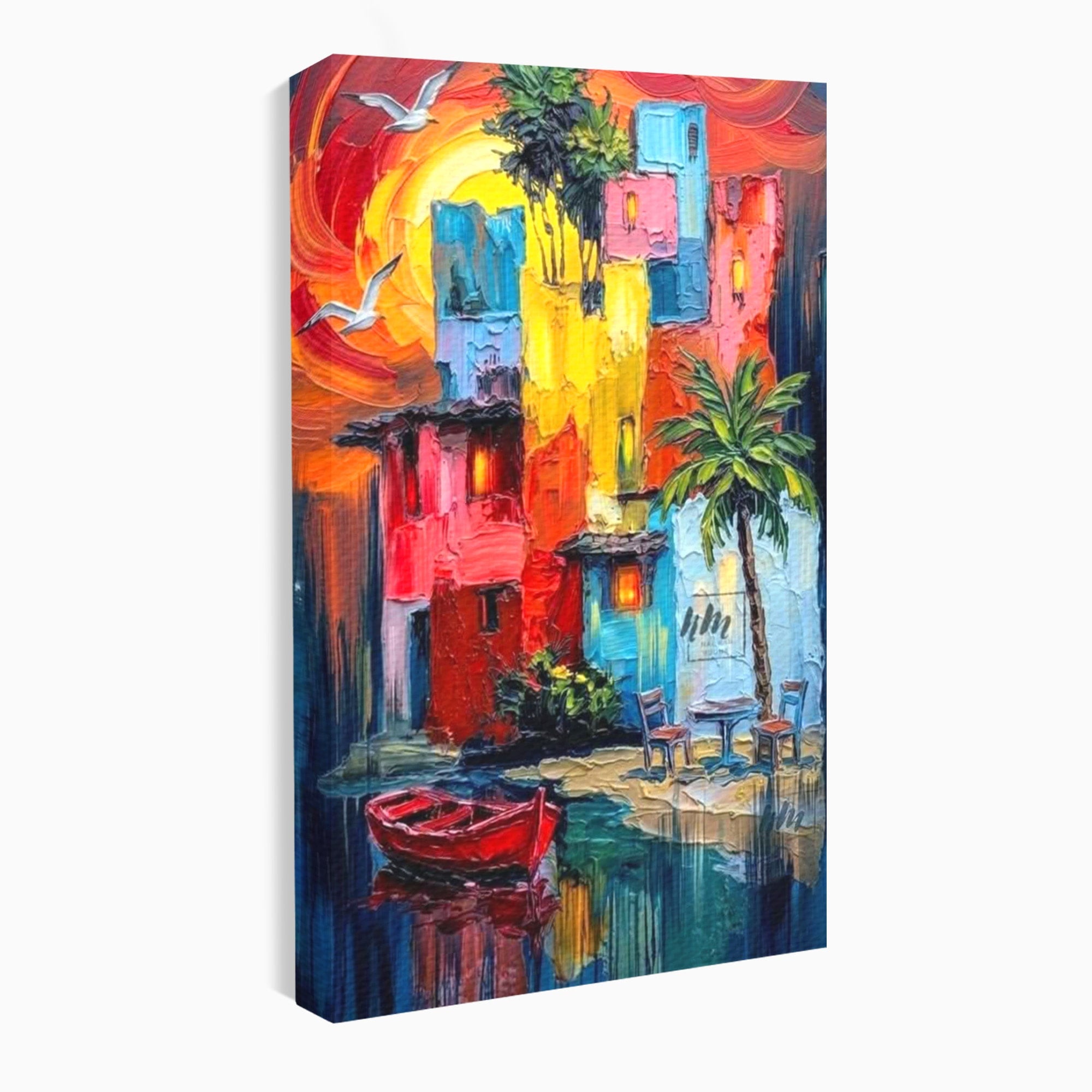 Tablou Canvas Premium LuxCanva® PI1311, Orasul Colorat, Peisaj, Urban, Apus, Barca, Culori Vibrante, Living