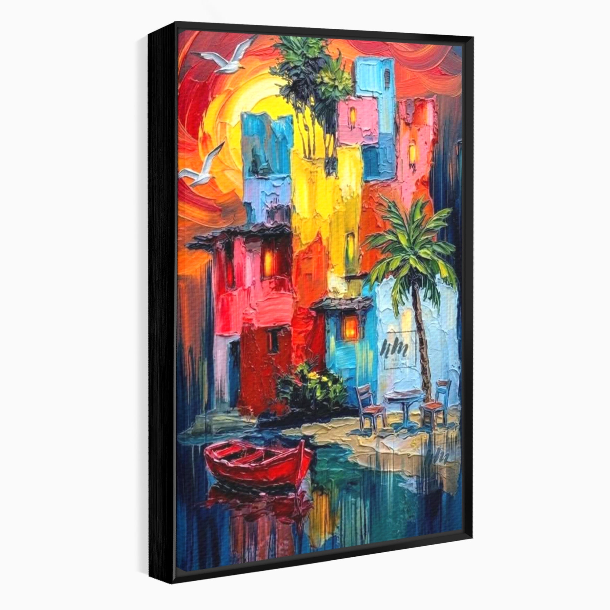 Tablou Canvas Premium LuxCanva® PI1311, Orasul Colorat, Peisaj, Urban, Apus, Barca, Culori Vibrante, Living