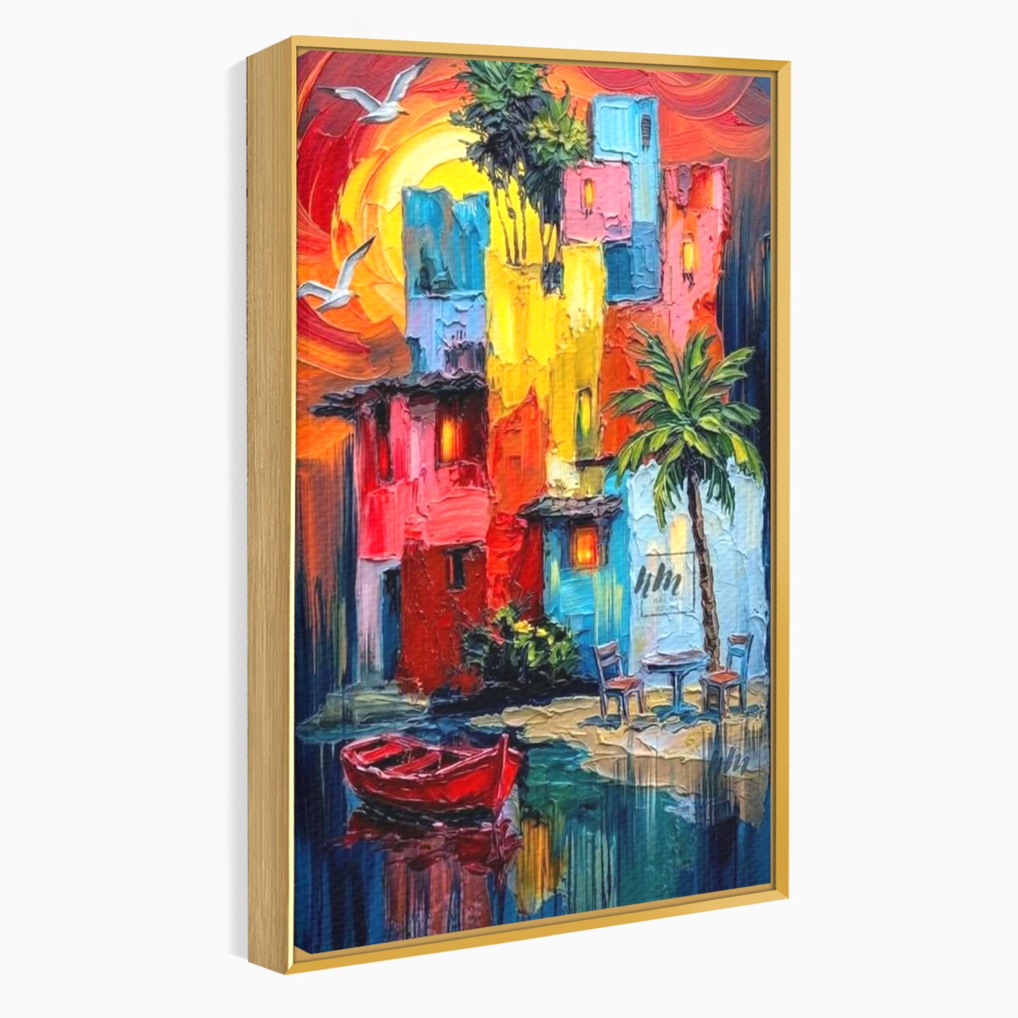 Tablou Canvas Premium LuxCanva® PI1311, Orasul Colorat, Peisaj, Urban, Apus, Barca, Culori Vibrante, Living