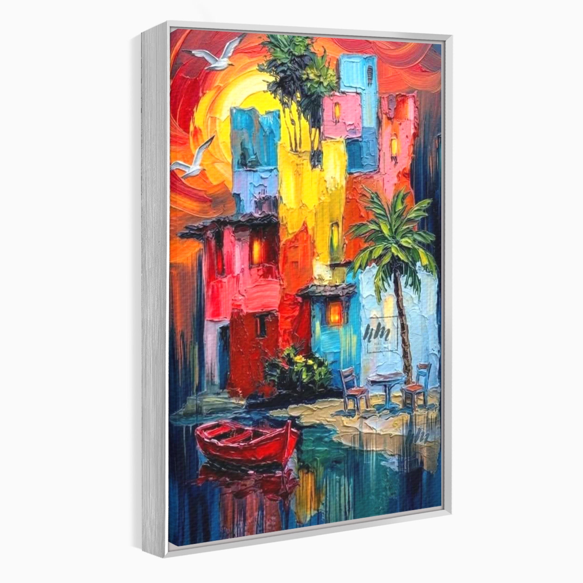 Tablou Canvas Premium LuxCanva® PI1311, Orasul Colorat, Peisaj, Urban, Apus, Barca, Culori Vibrante, Living