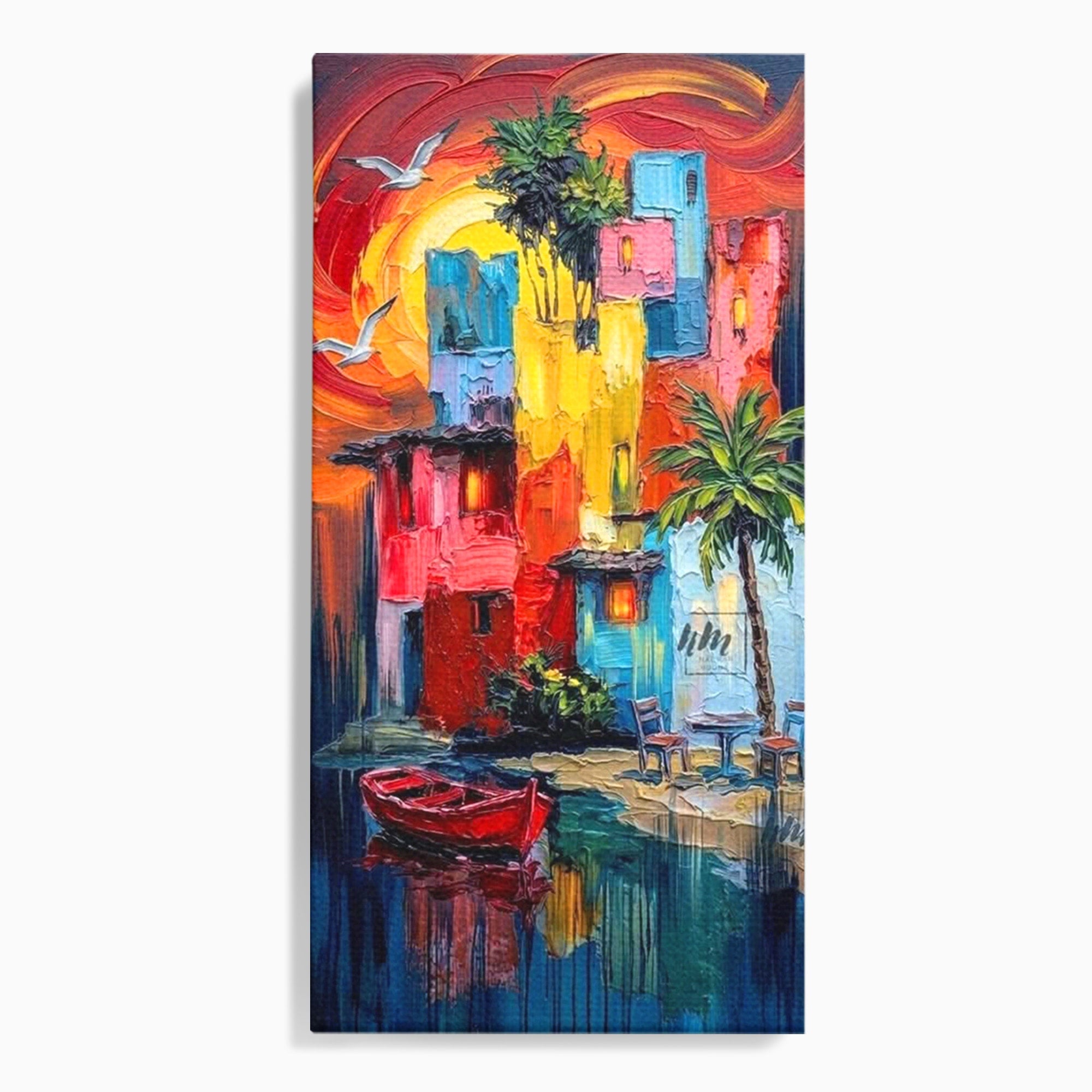 Tablou Canvas Premium LuxCanva® PI1311, Orasul Colorat, Peisaj, Urban, Apus, Barca, Culori Vibrante, Living