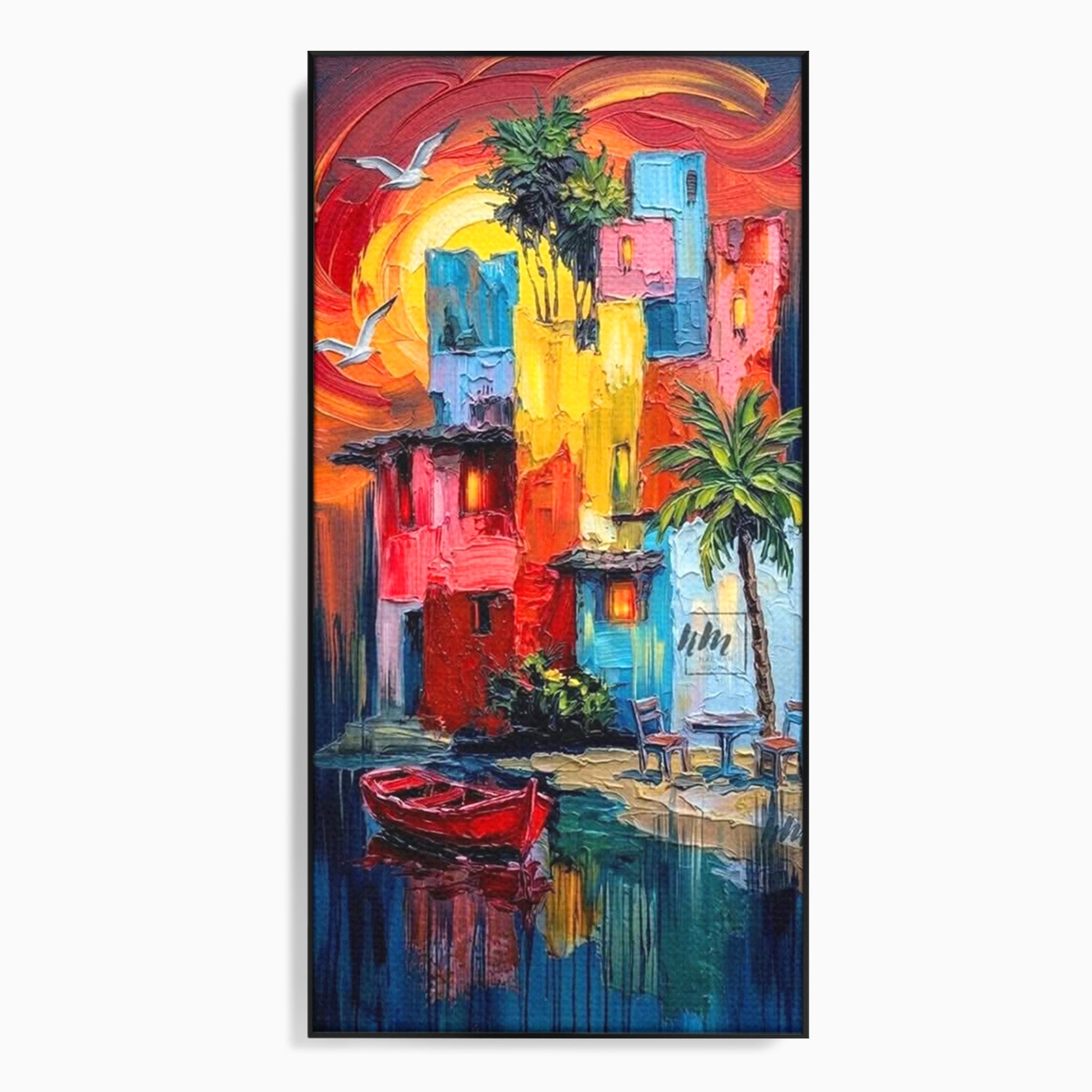 Tablou Canvas Premium LuxCanva® PI1311, Orasul Colorat, Peisaj, Urban, Apus, Barca, Culori Vibrante, Living