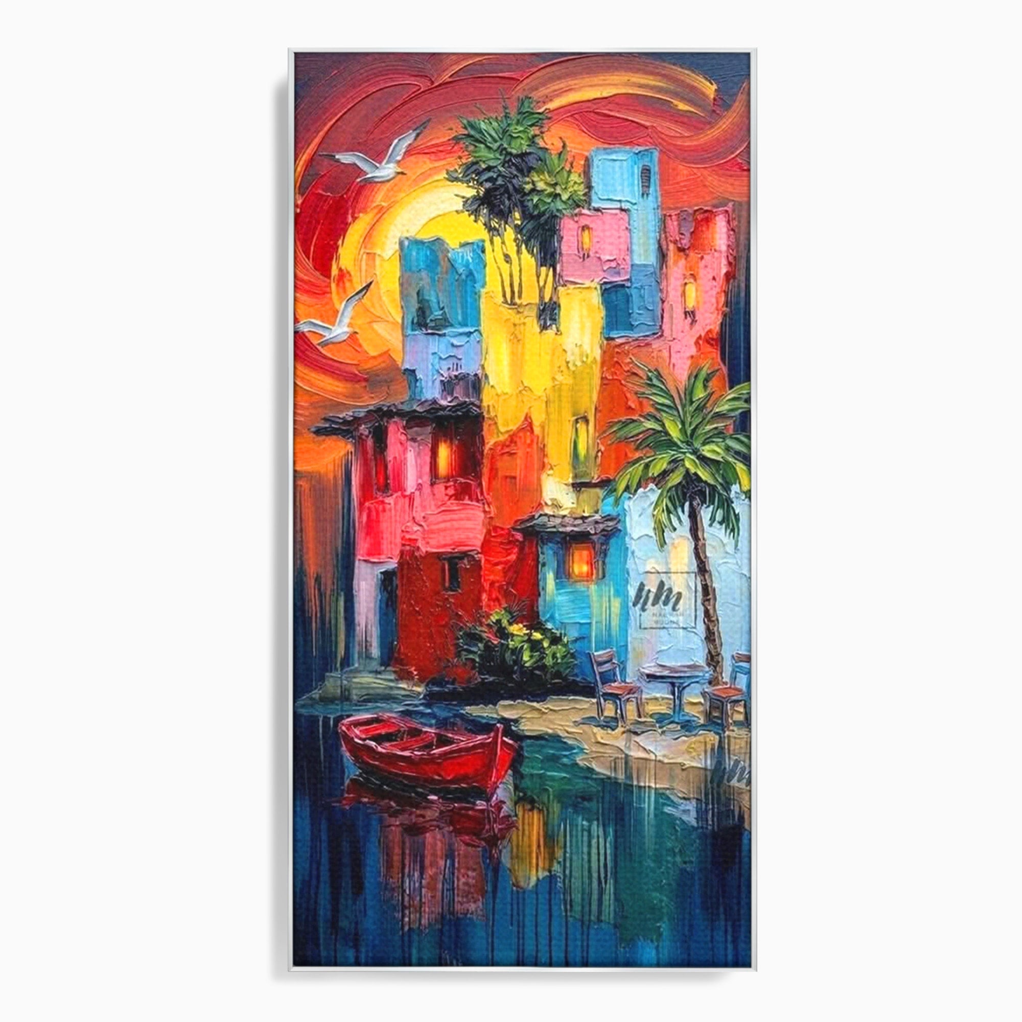Tablou Canvas Premium LuxCanva® PI1311, Orasul Colorat, Peisaj, Urban, Apus, Barca, Culori Vibrante, Living
