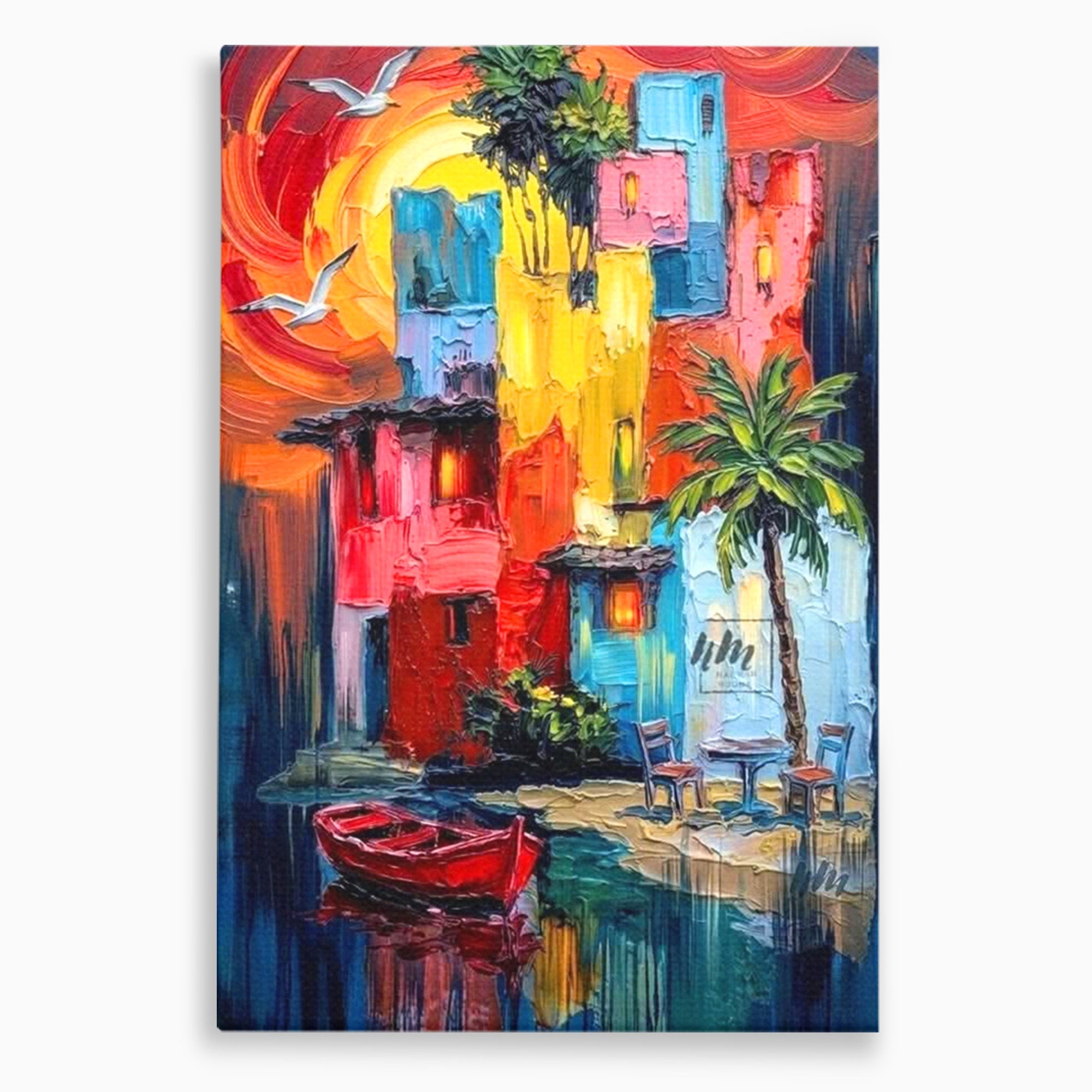 Tablou Canvas Premium LuxCanva® PI1311, Orasul Colorat, Peisaj, Urban, Apus, Barca, Culori Vibrante, Living