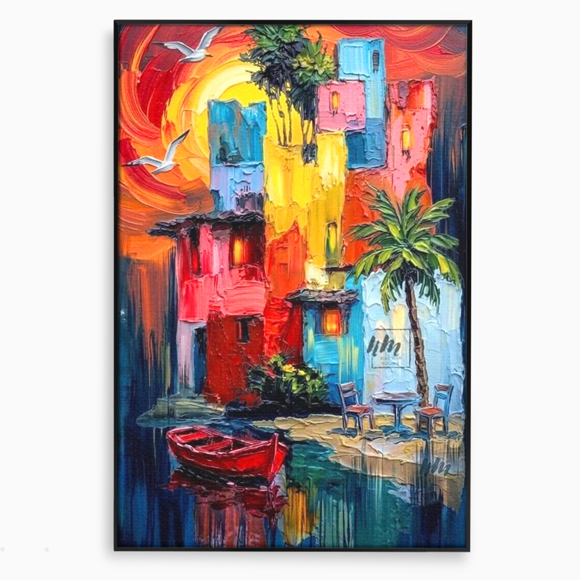 Tablou Canvas Premium LuxCanva® PI1311, Orasul Colorat, Peisaj, Urban, Apus, Barca, Culori Vibrante, Living
