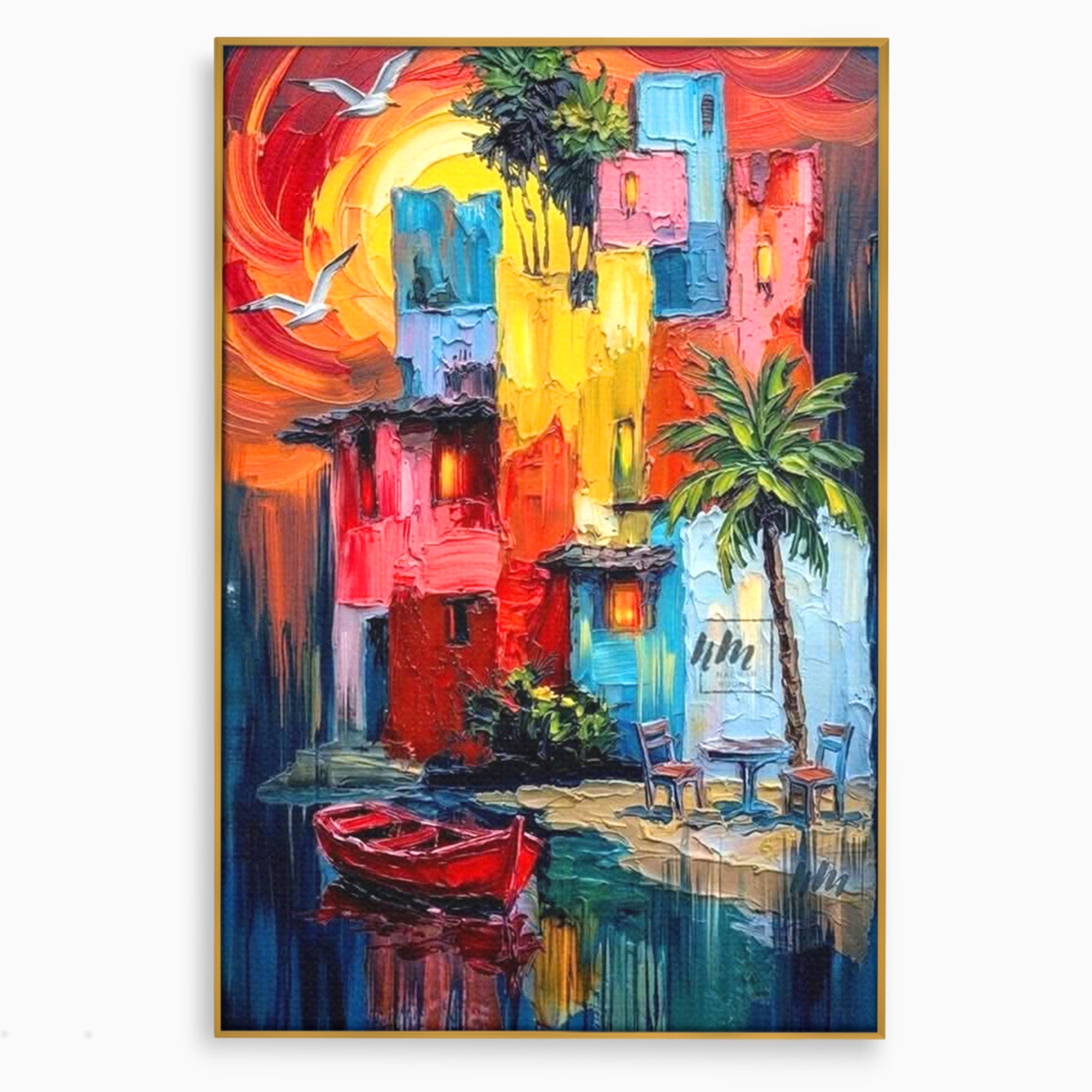 Tablou Canvas Premium LuxCanva® PI1311, Orasul Colorat, Peisaj, Urban, Apus, Barca, Culori Vibrante, Living