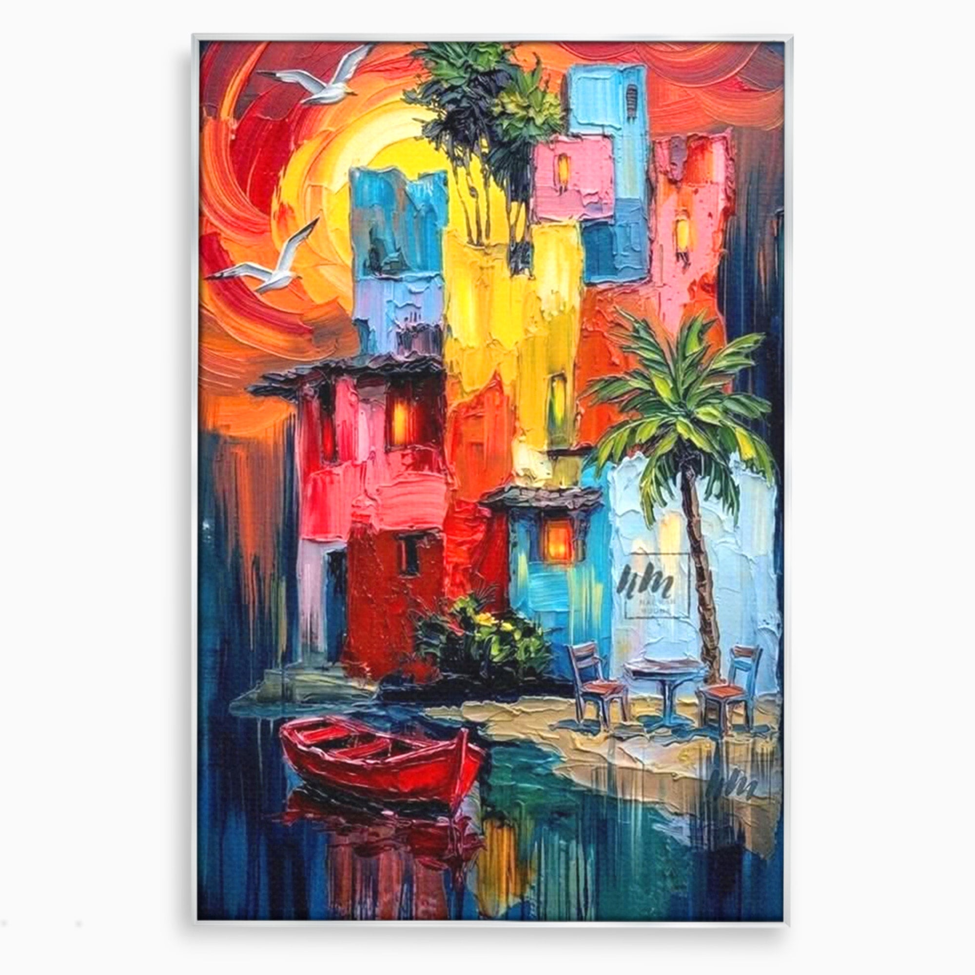 Tablou Canvas Premium LuxCanva® PI1311, Orasul Colorat, Peisaj, Urban, Apus, Barca, Culori Vibrante, Living