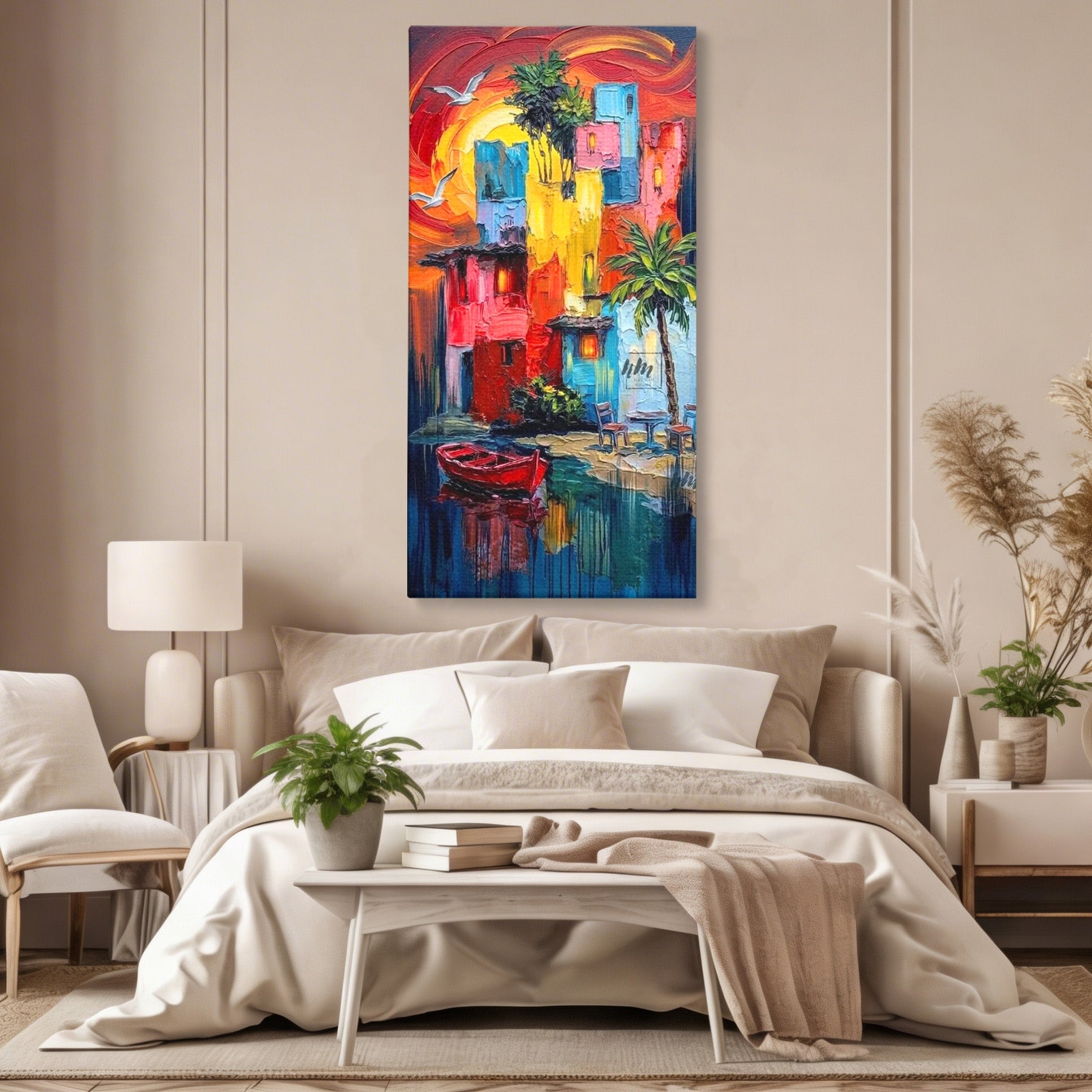 Tablou Canvas Premium LuxCanva® PI1311, Orasul Colorat, Peisaj, Urban, Apus, Barca, Culori Vibrante, Living