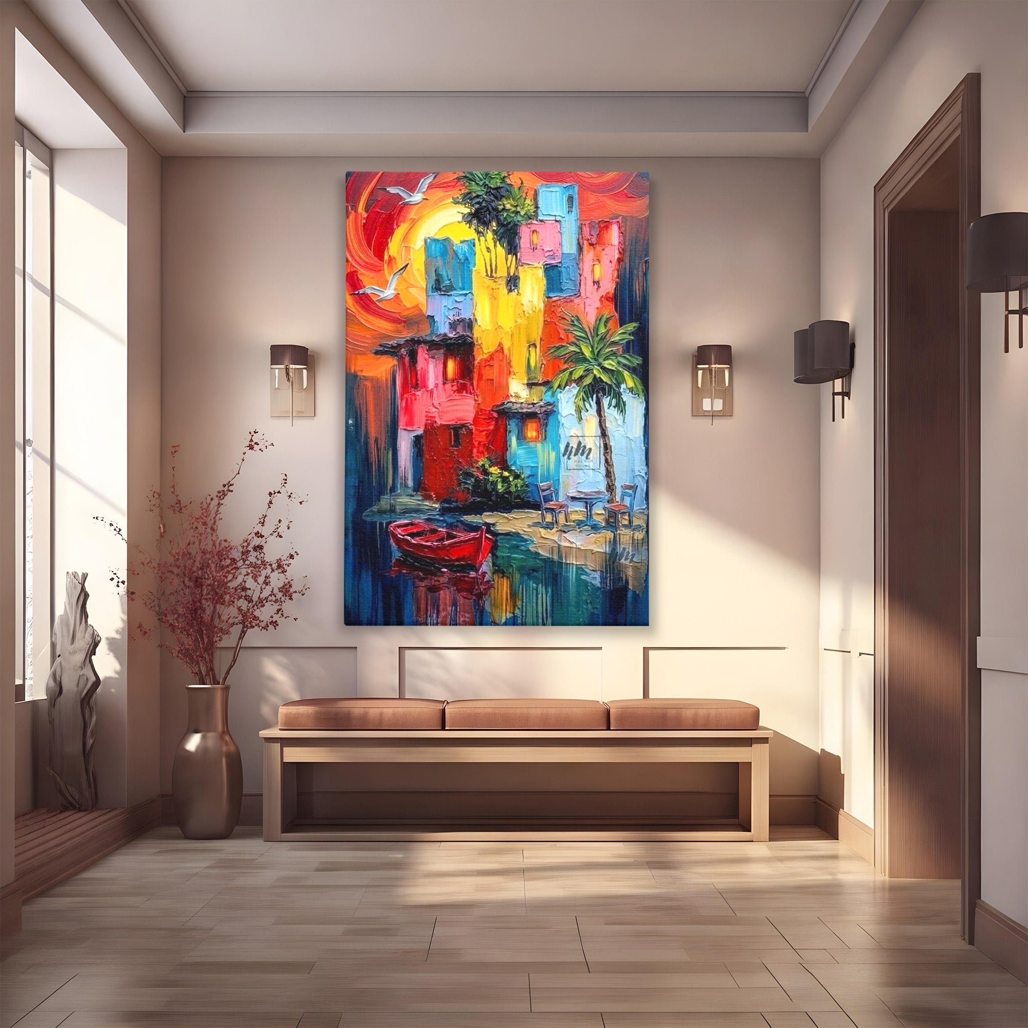Tablou Canvas Premium LuxCanva® PI1311, Orasul Colorat, Peisaj, Urban, Apus, Barca, Culori Vibrante, Living