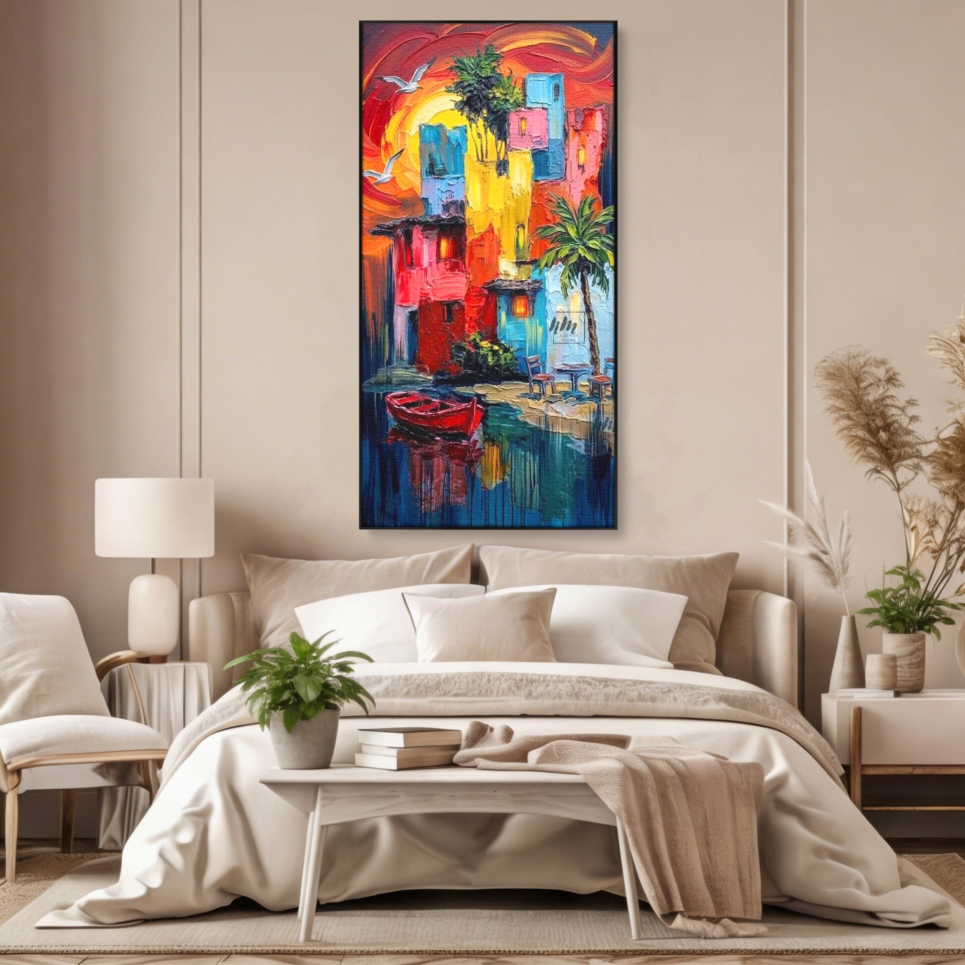 Tablou Canvas Premium LuxCanva® PI1311, Orasul Colorat, Peisaj, Urban, Apus, Barca, Culori Vibrante, Living