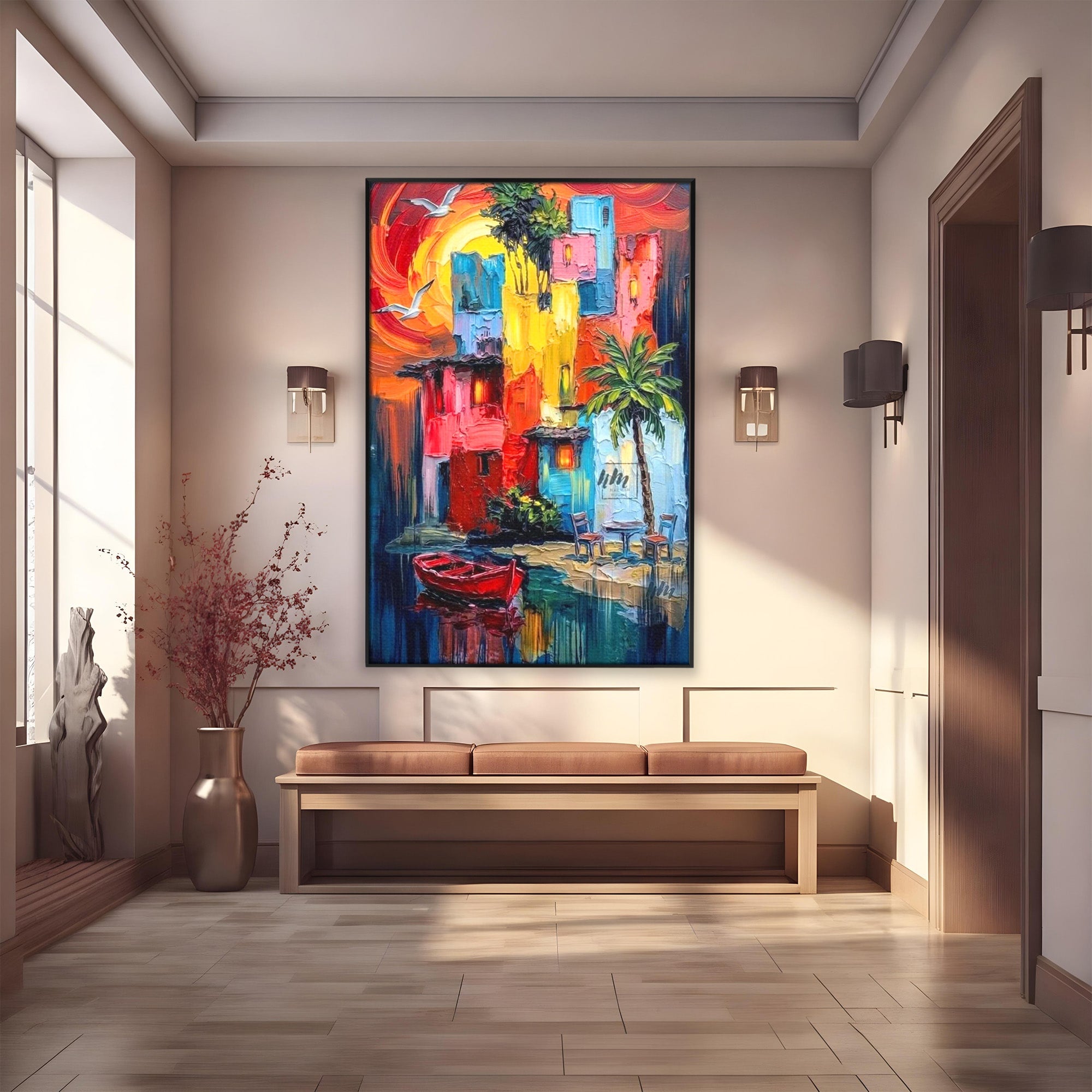 Tablou Canvas Premium LuxCanva® PI1311, Orasul Colorat, Peisaj, Urban, Apus, Barca, Culori Vibrante, Living