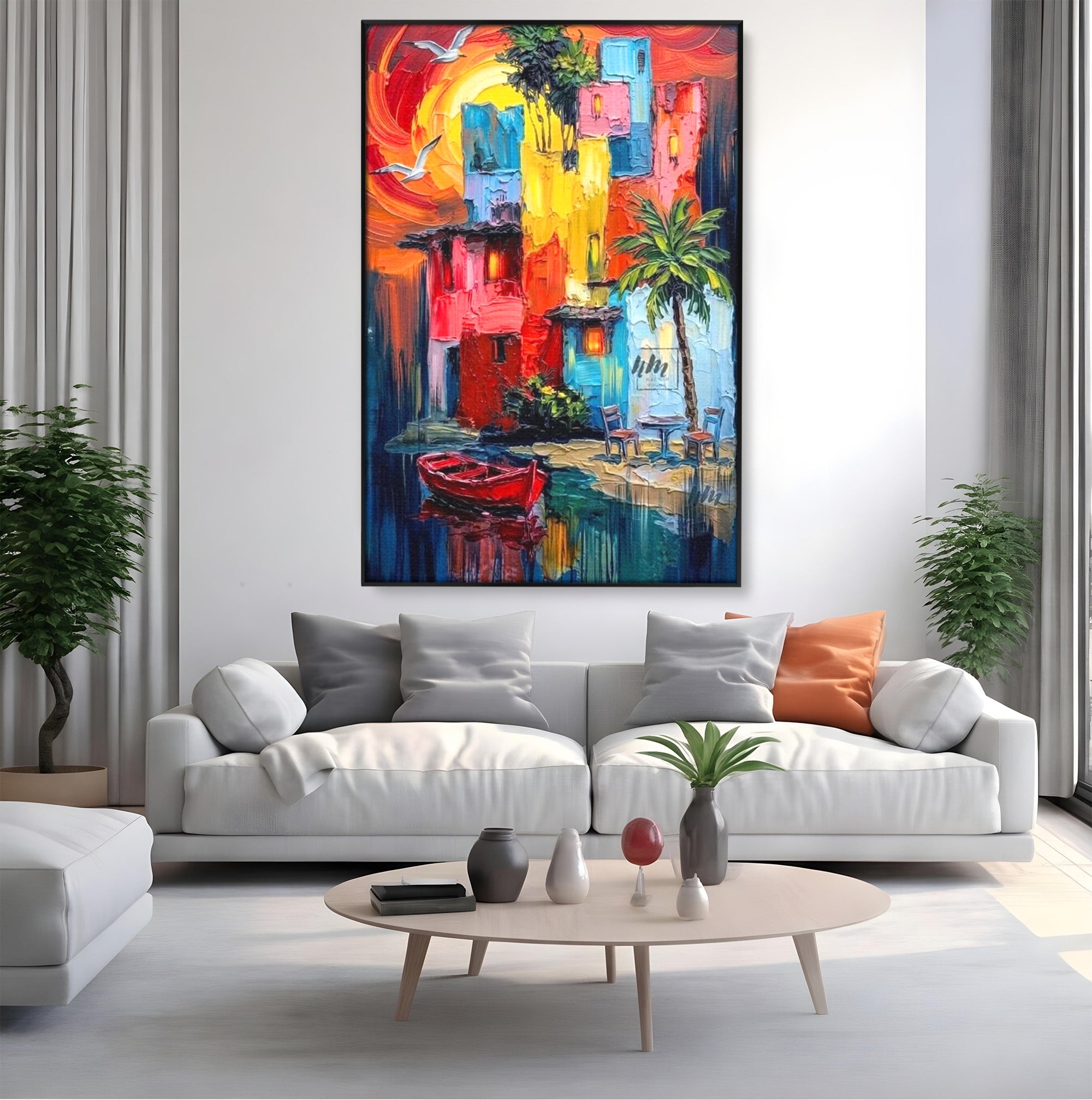 Tablou Canvas Premium LuxCanva® PI1311, Orasul Colorat, Peisaj, Urban, Apus, Barca, Culori Vibrante, Living