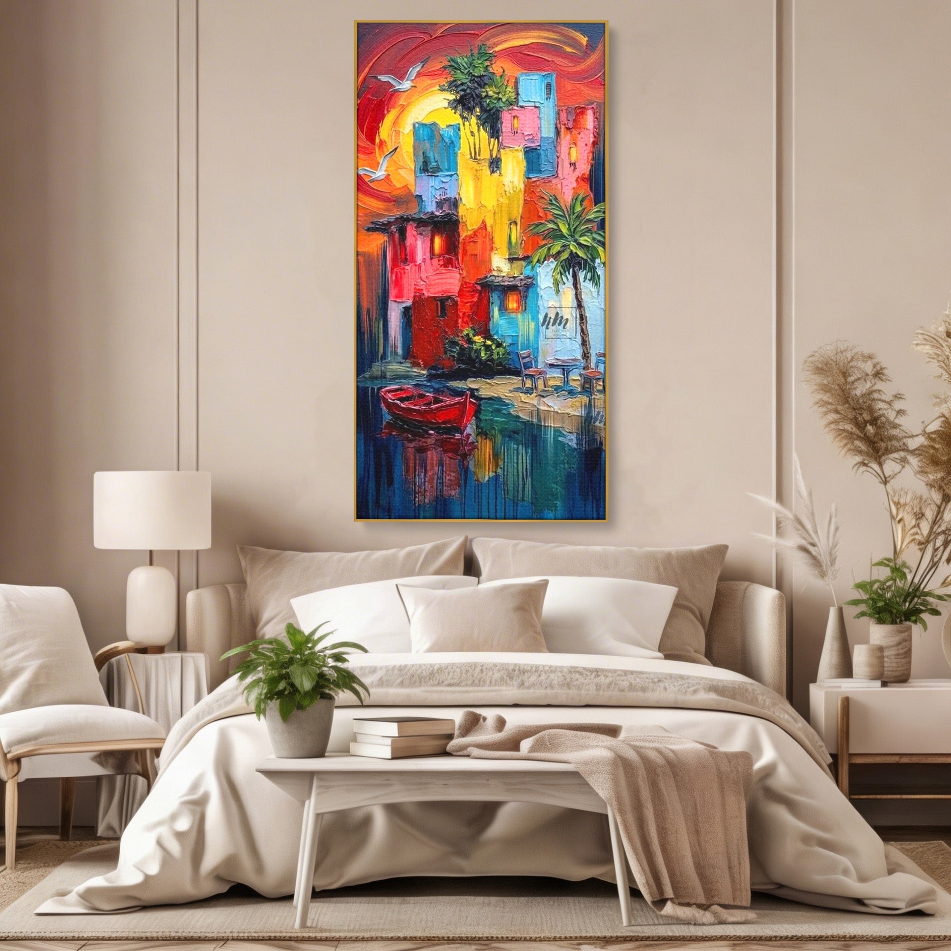 Tablou Canvas Premium LuxCanva® PI1311, Orasul Colorat, Peisaj, Urban, Apus, Barca, Culori Vibrante, Living