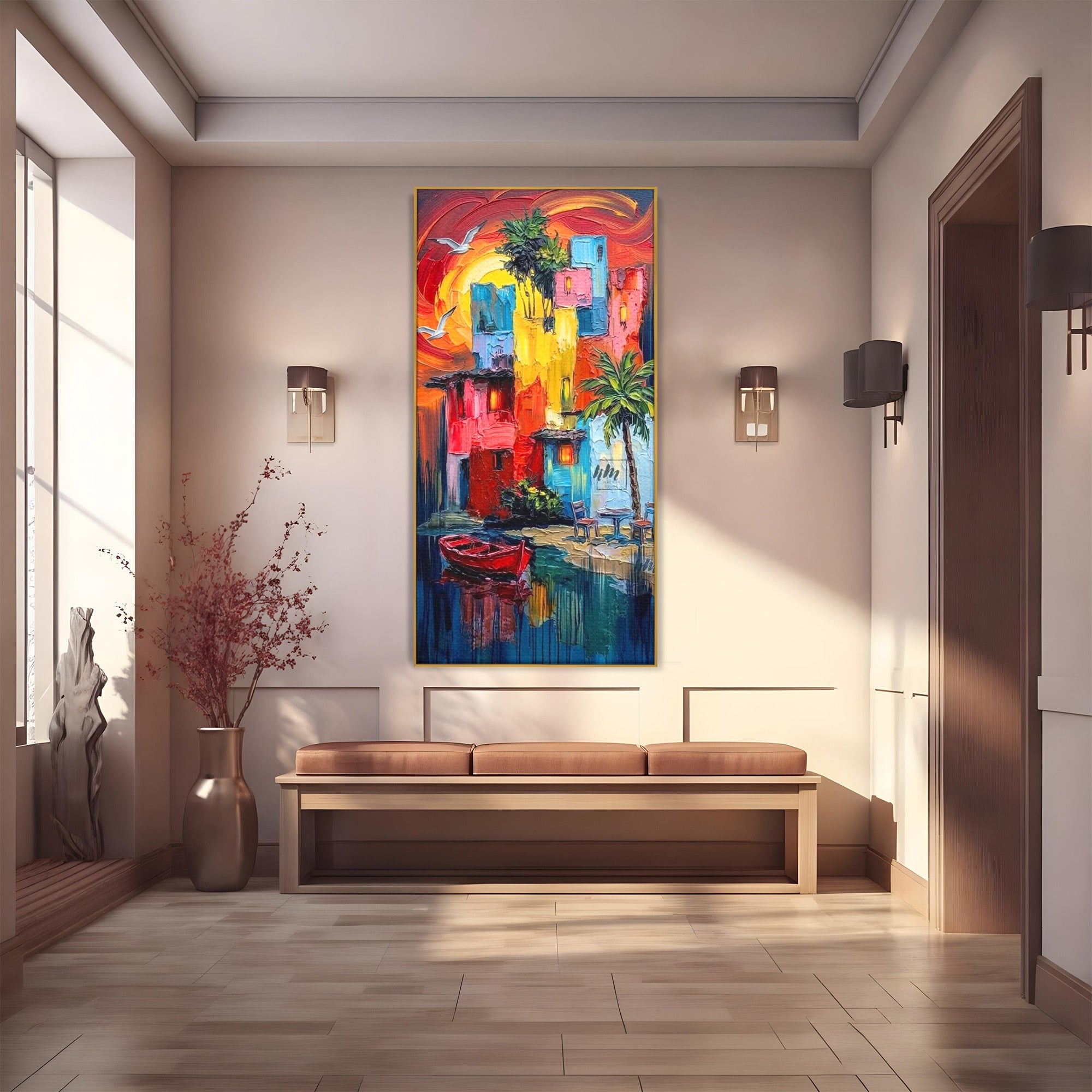 Tablou Canvas Premium LuxCanva® PI1311, Orasul Colorat, Peisaj, Urban, Apus, Barca, Culori Vibrante, Living