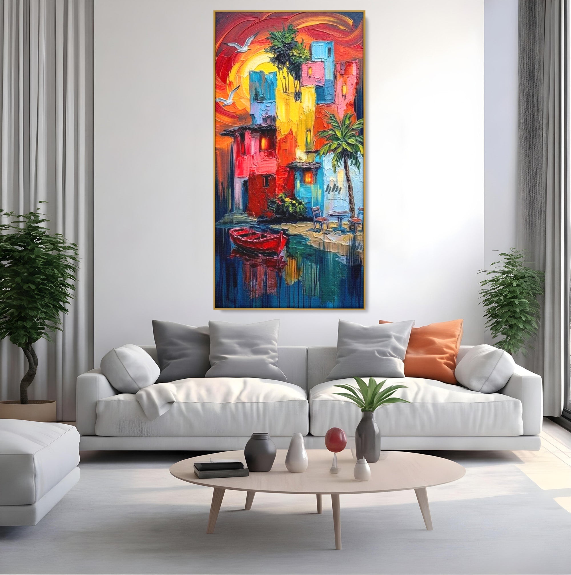 Tablou Canvas Premium LuxCanva® PI1311, Orasul Colorat, Peisaj, Urban, Apus, Barca, Culori Vibrante, Living