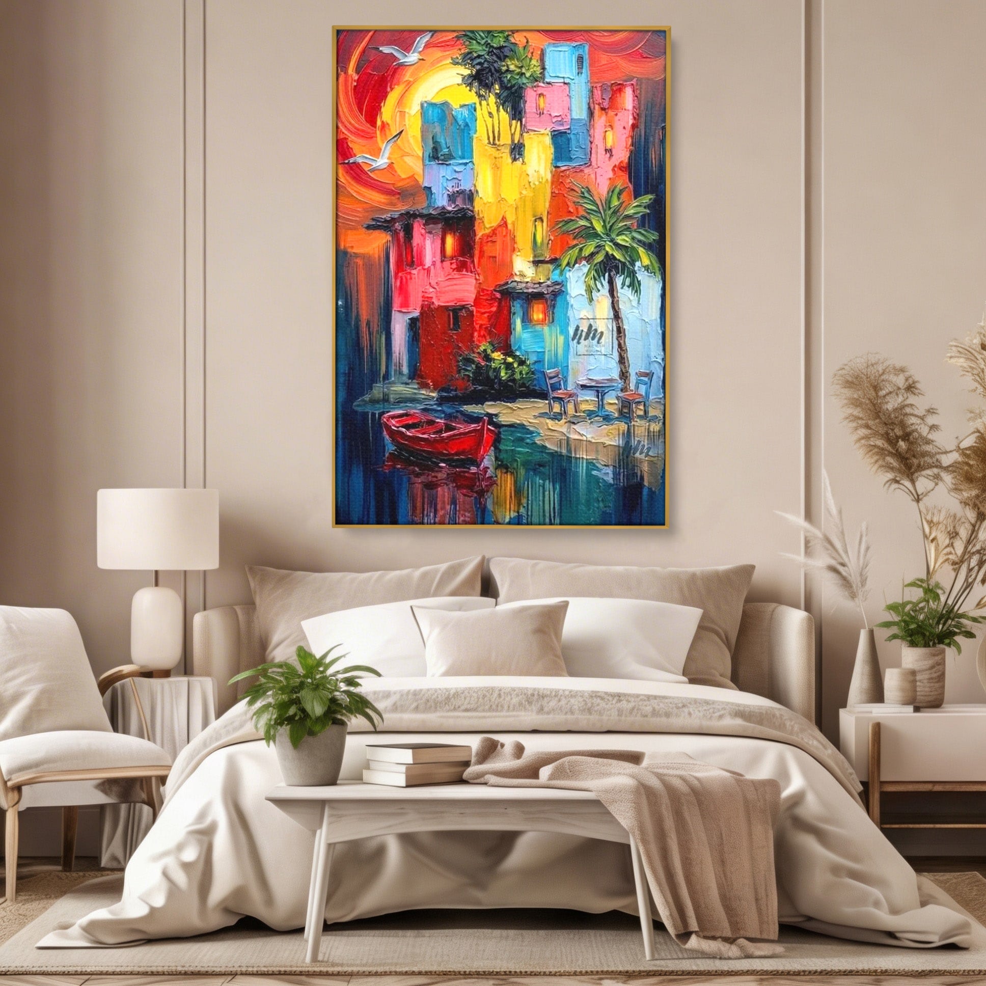 Tablou Canvas Premium LuxCanva® PI1311, Orasul Colorat, Peisaj, Urban, Apus, Barca, Culori Vibrante, Living