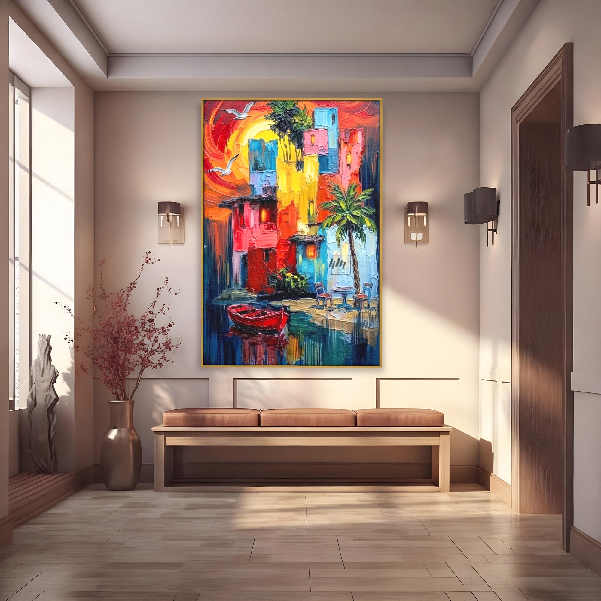 Tablou Canvas Premium LuxCanva® PI1311, Orasul Colorat, Peisaj, Urban, Apus, Barca, Culori Vibrante, Living