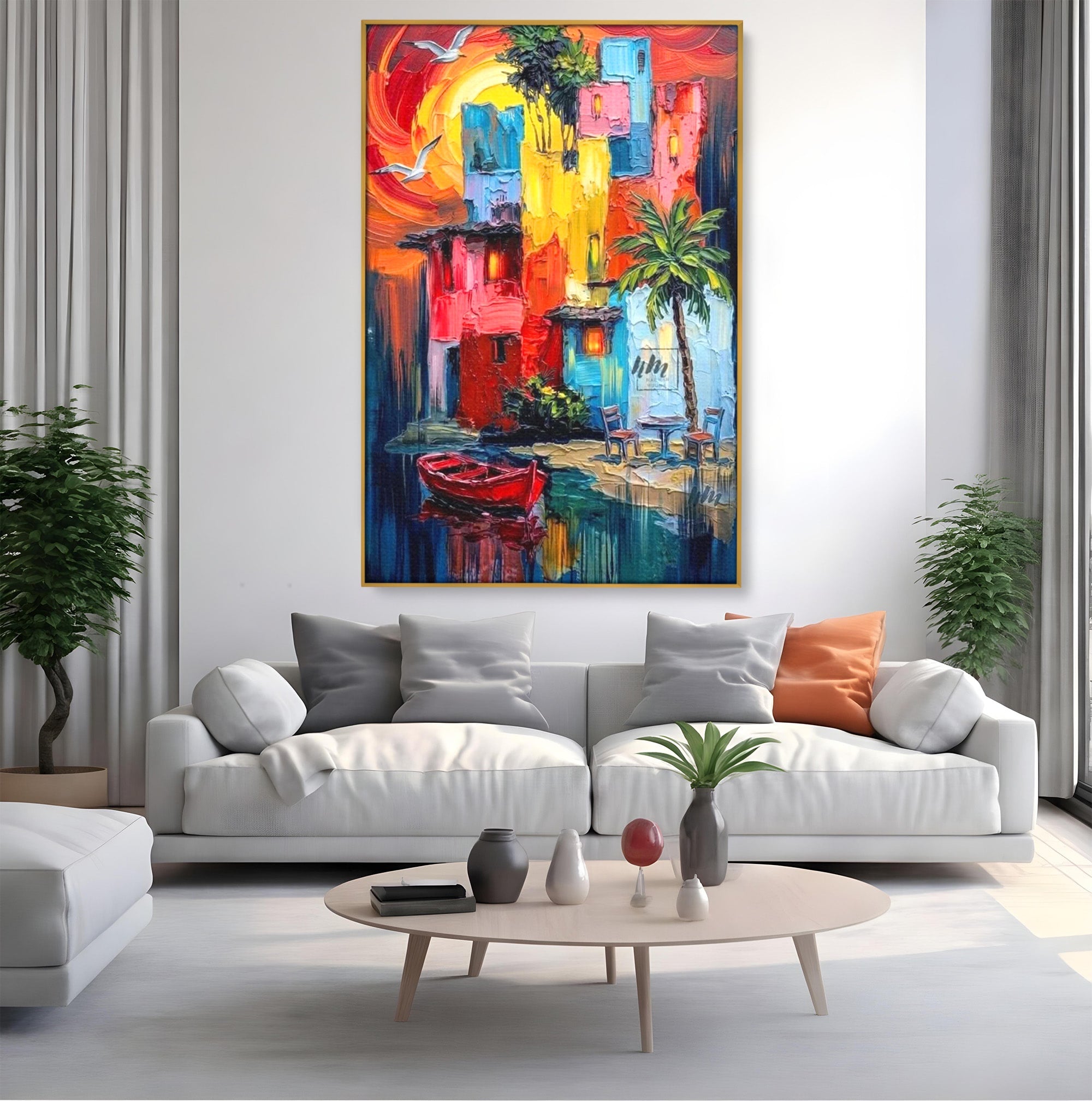 Tablou Canvas Premium LuxCanva® PI1311, Orasul Colorat, Peisaj, Urban, Apus, Barca, Culori Vibrante, Living