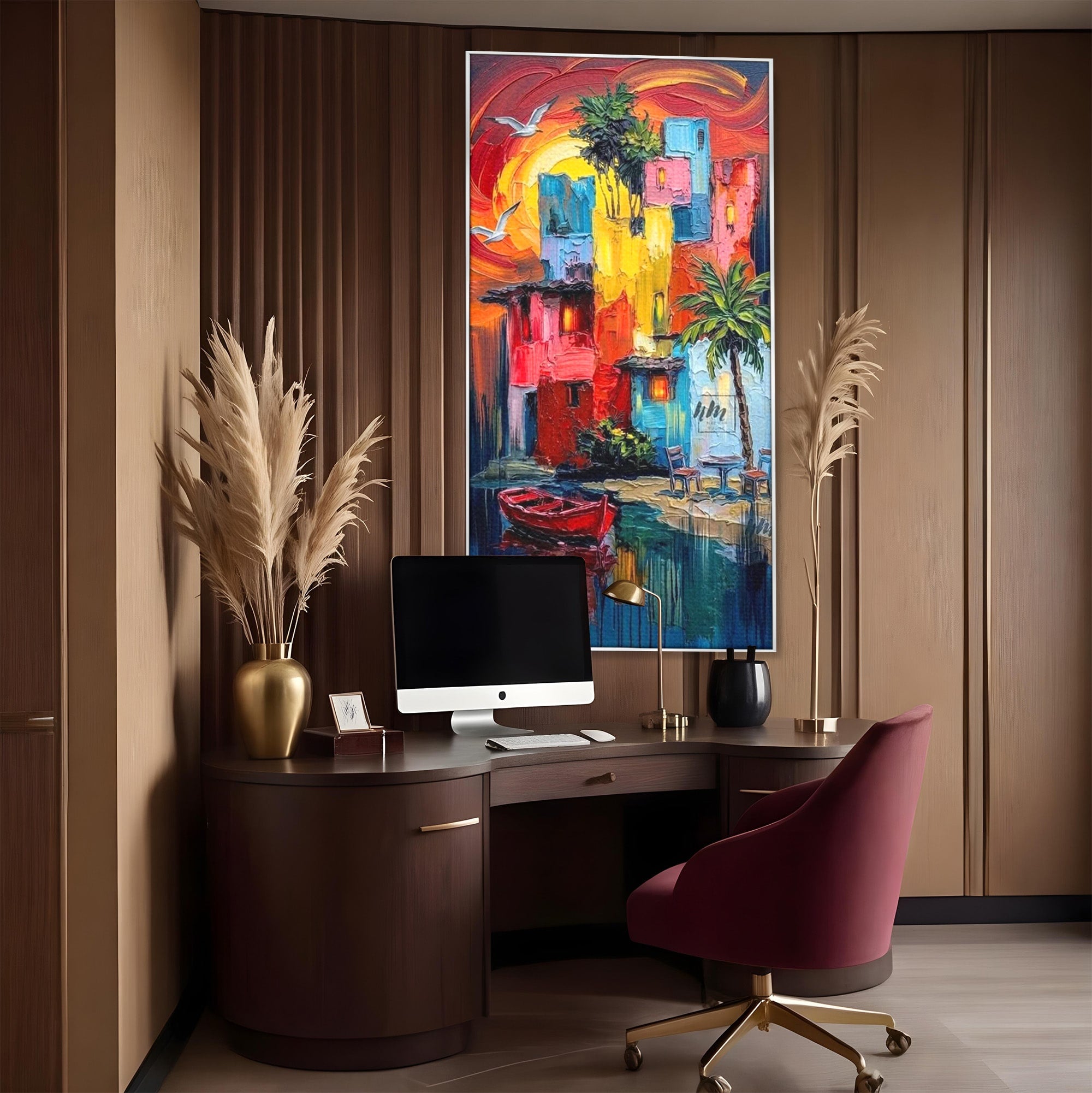 Tablou Canvas Premium LuxCanva® PI1311, Orasul Colorat, Peisaj, Urban, Apus, Barca, Culori Vibrante, Living