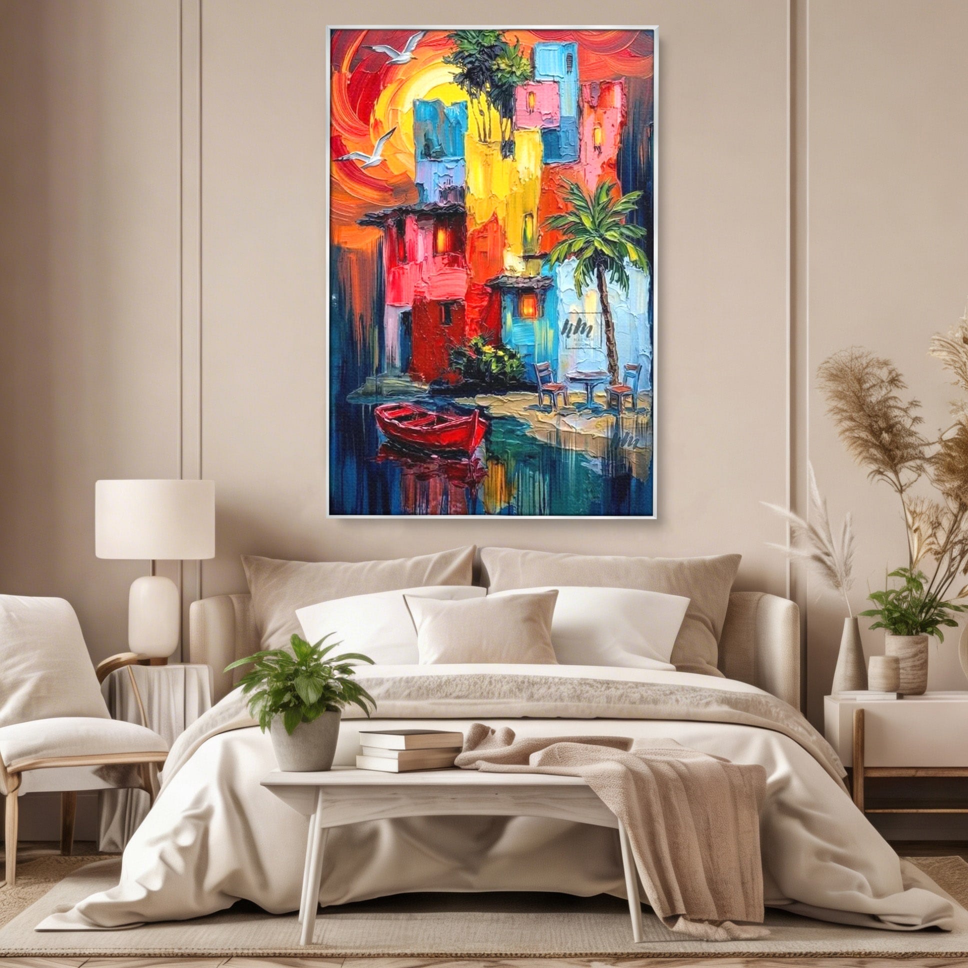 Tablou Canvas Premium LuxCanva® PI1311, Orasul Colorat, Peisaj, Urban, Apus, Barca, Culori Vibrante, Living