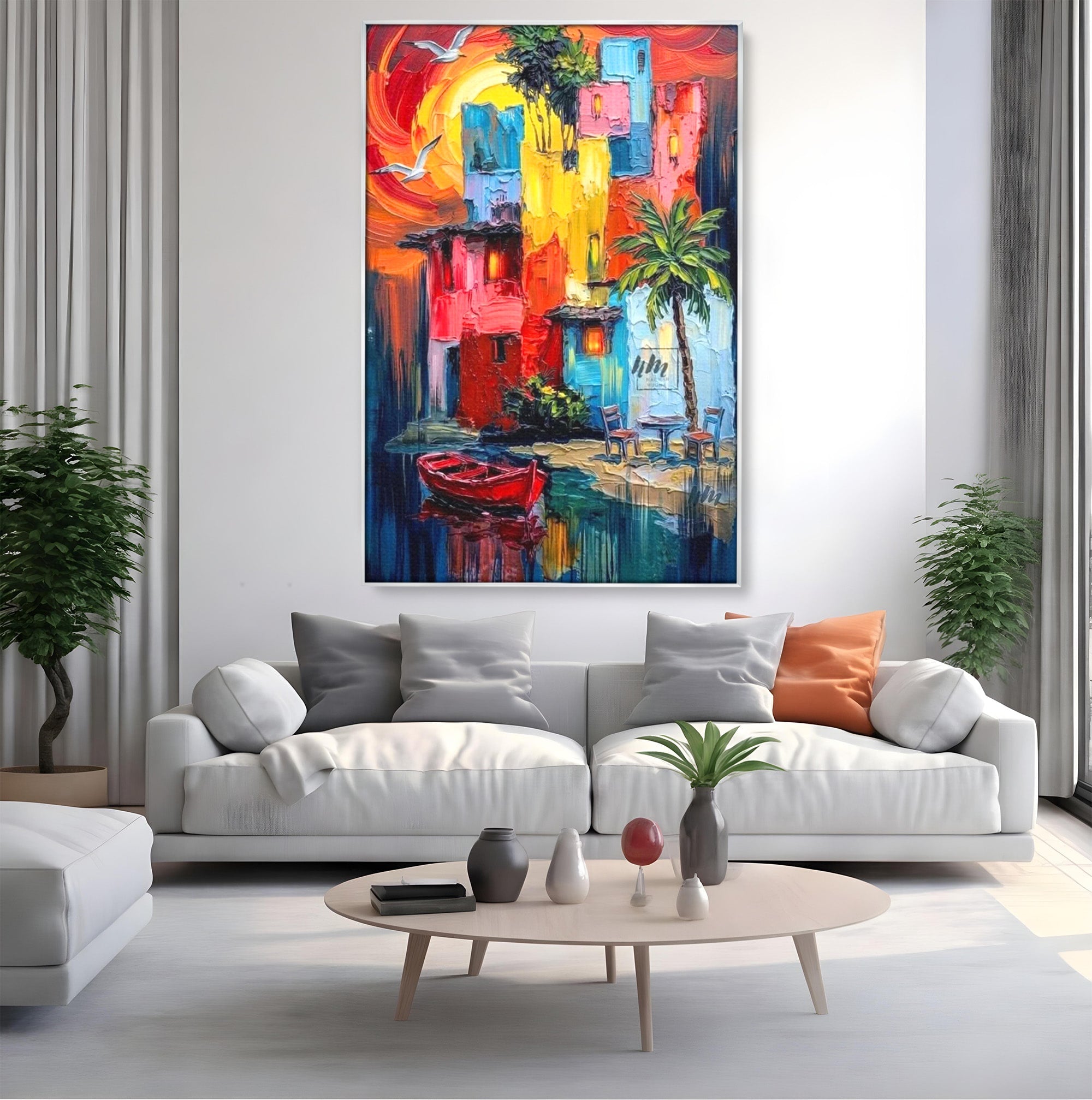 Tablou Canvas Premium LuxCanva® PI1311, Orasul Colorat, Peisaj, Urban, Apus, Barca, Culori Vibrante, Living